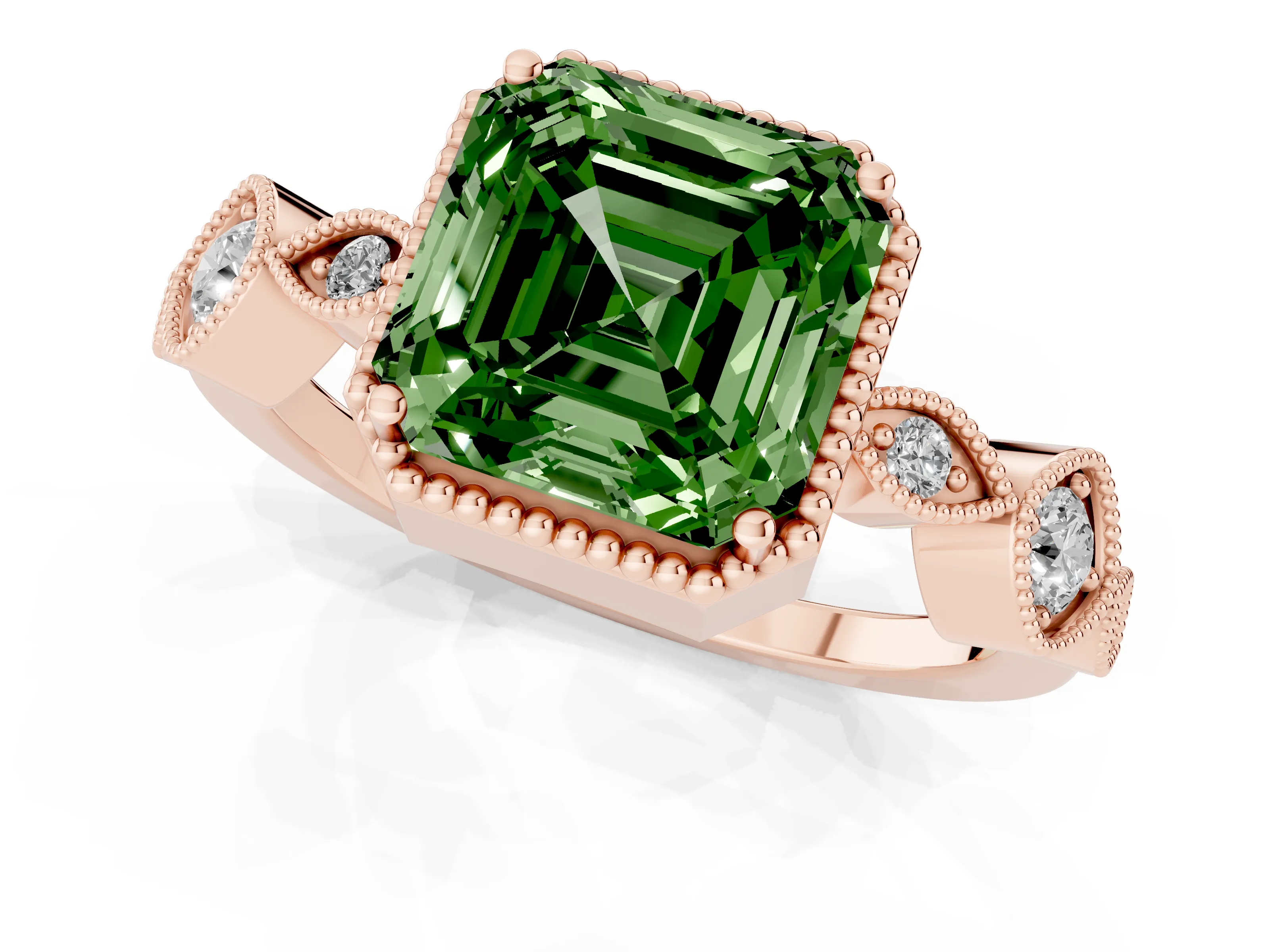 Fancy Green Asscher Cut Diamond Vintage-Inspired Milgrain Ring Set in Rose gold with Marquise Stations of Round Accents