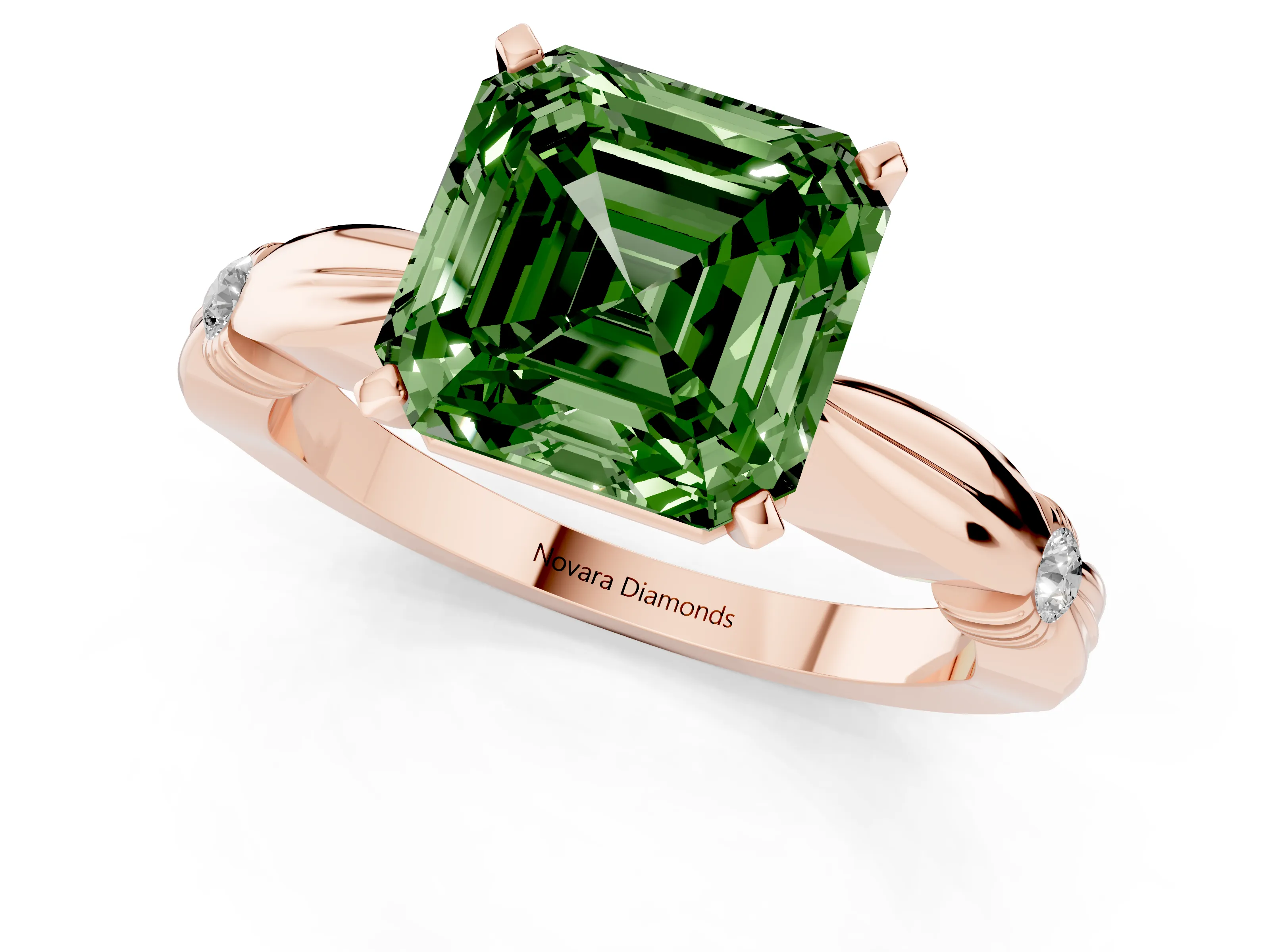 Fancy Green Asscher Cut Diamond Solitaire Twisted Band Ring Set in Rose gold with Accent Stones and Prong Setting – second view