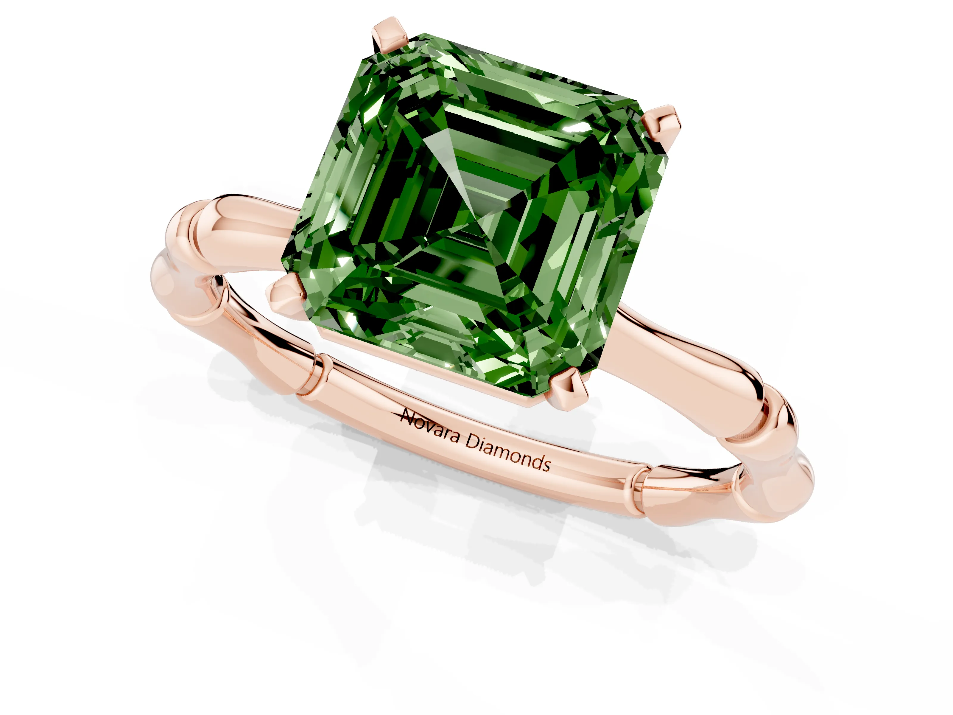 Fancy Green Asscher Cut Diamond Solitaire Ring Set in Rose gold with Bamboo Band and Prong Setting – second view