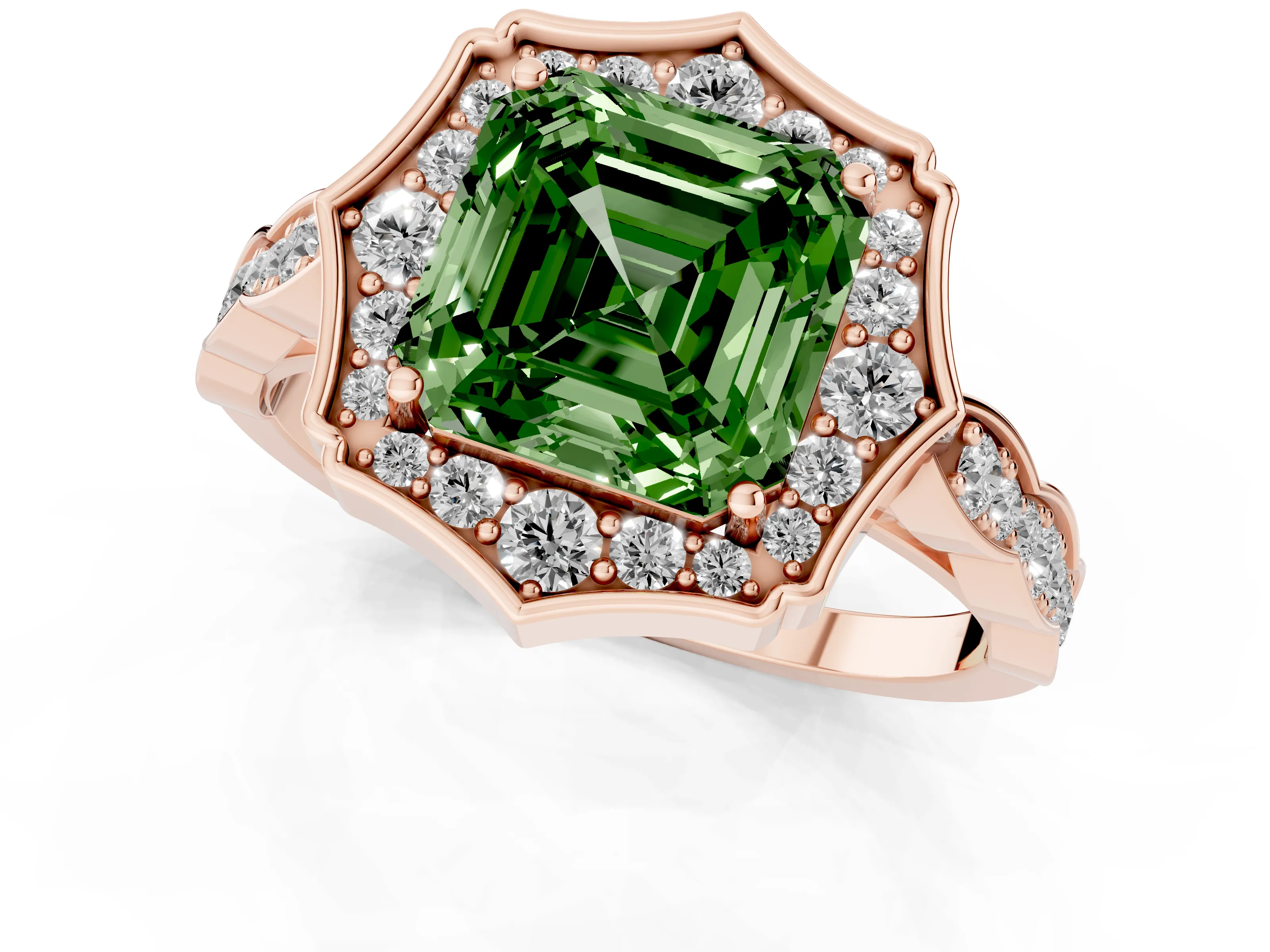 Fancy Green Asscher Cut Diamond Halo Engagement Ring Set in Rose gold with Milgrain Band and Prong Setting
