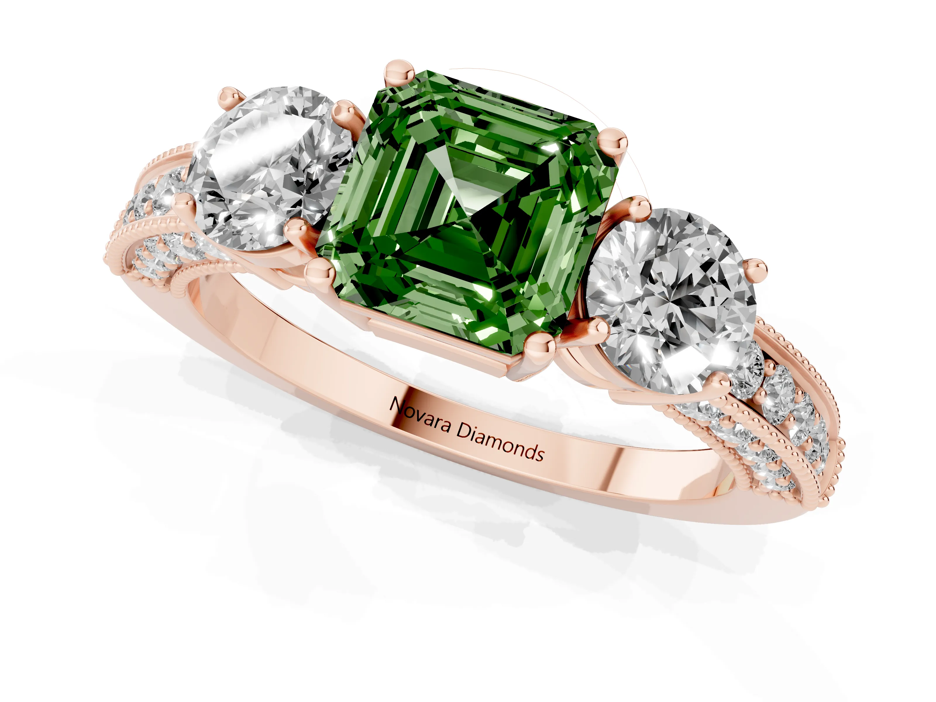 Fancy Green Asscher Cut Diamond Three-Stone Ring Set in Rose gold with Round Side Stones and Pavé Band