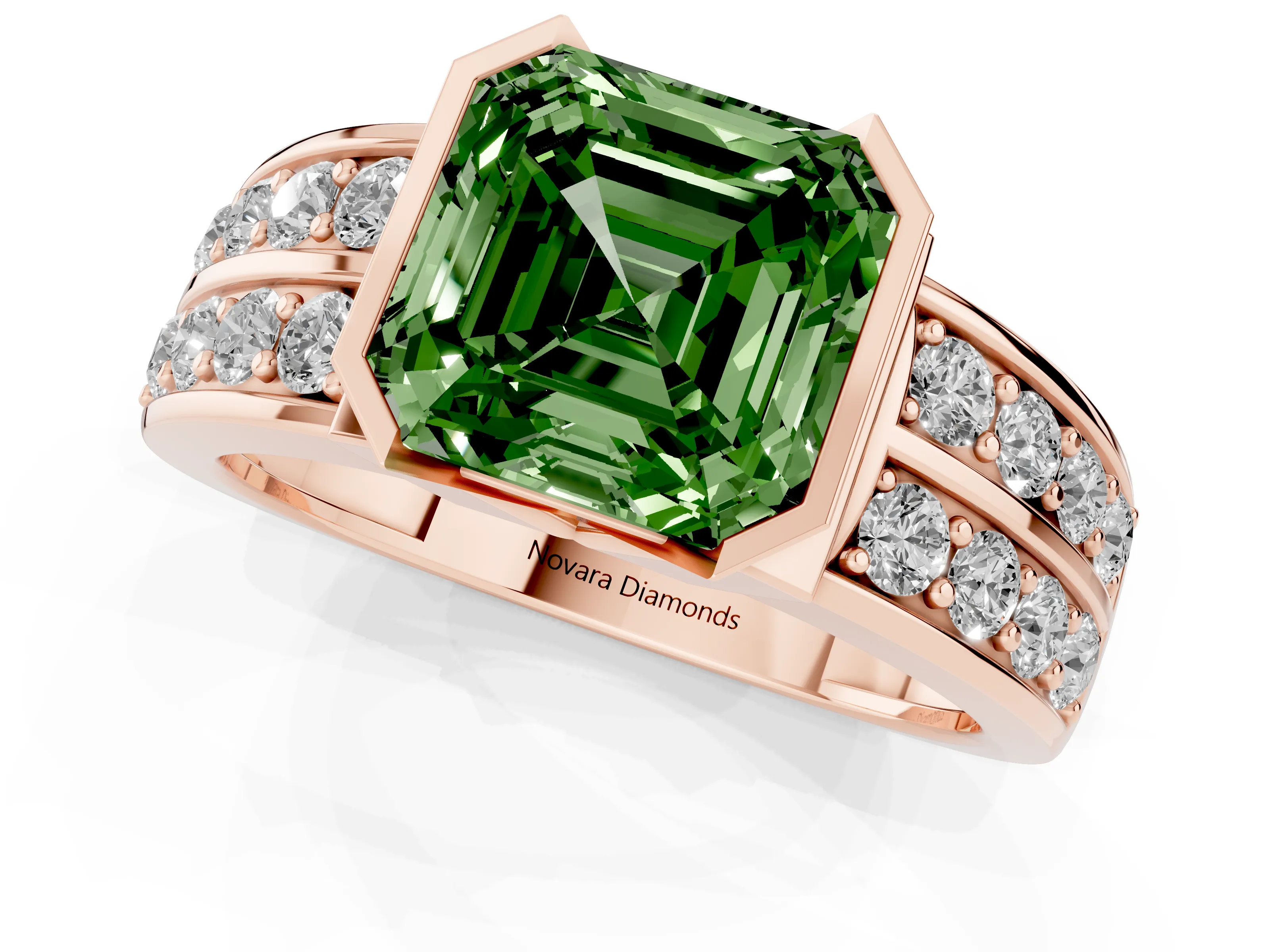 Fancy Green Asscher Cut Diamond Wide Channel Set Band Ring Set in Rose gold with Bezel Setting