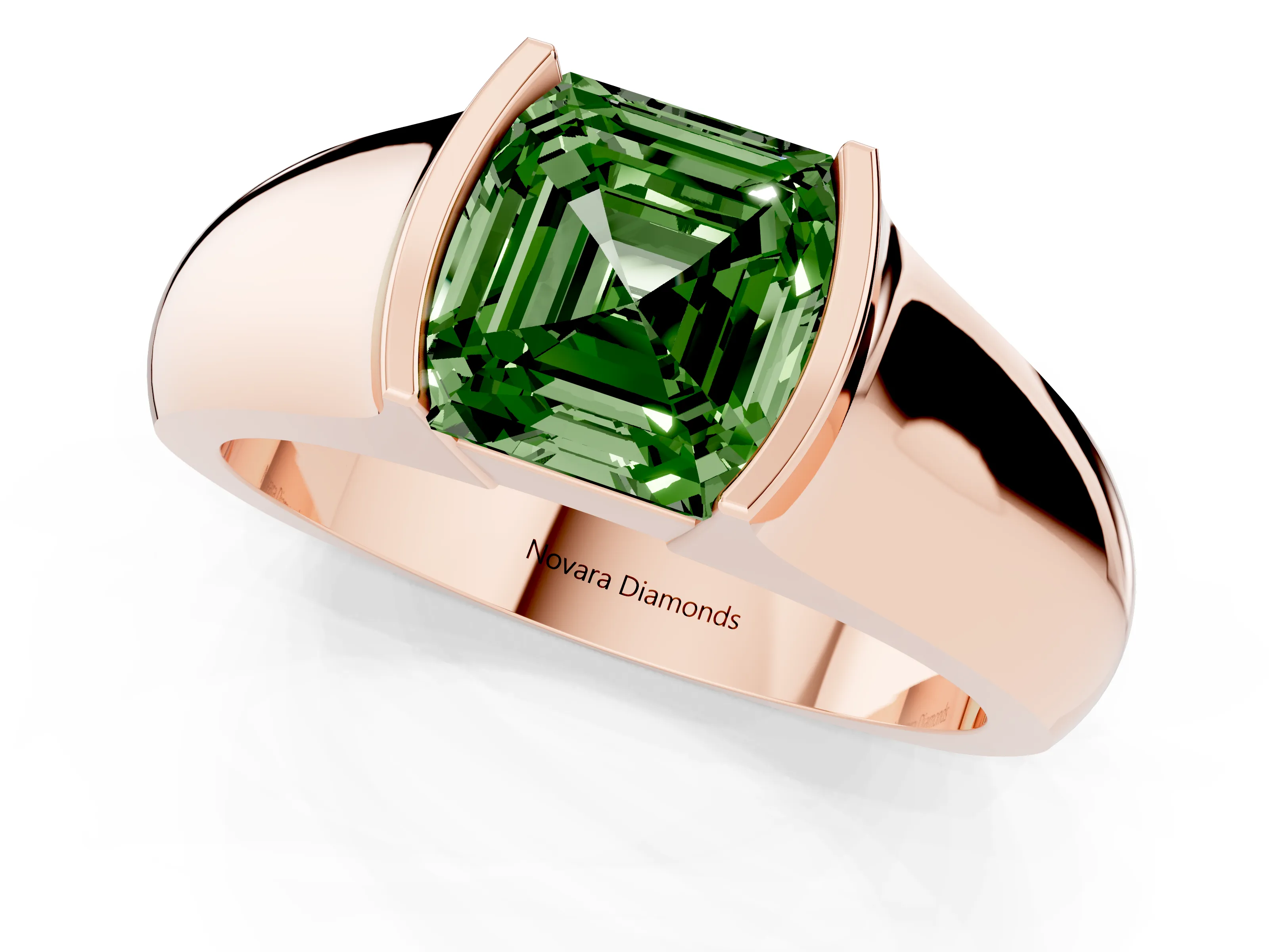 Fancy Green Asscher Cut Diamond Bezel Solitaire Ring Set in Rose gold with Wide Band