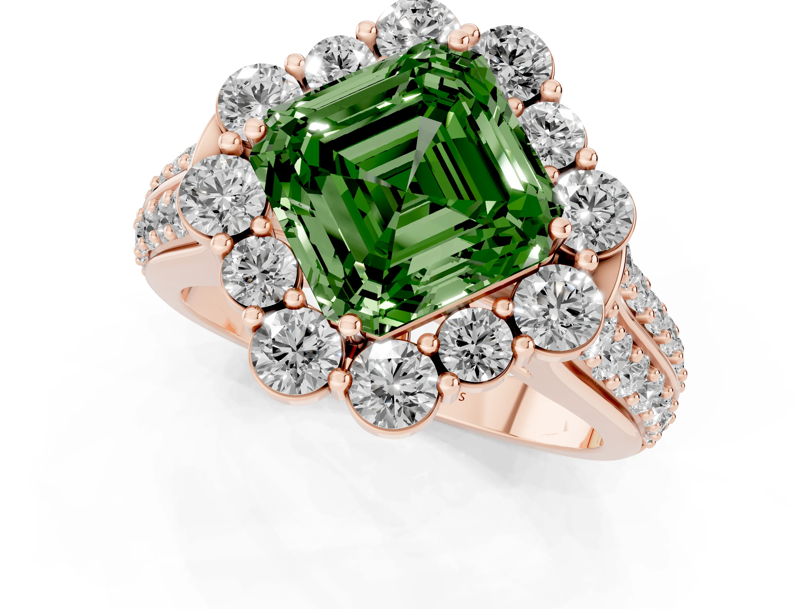 Fancy Green Asscher Cut Diamond Halo Engagement Ring Set in Rose gold with Split Shank and Prong Setting