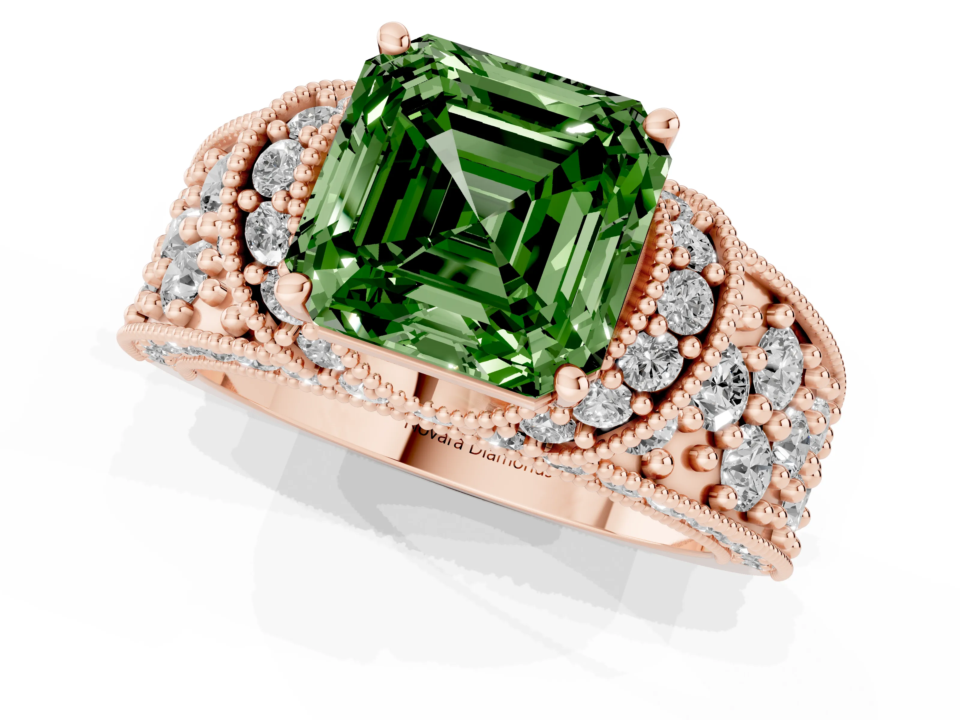 Fancy Green Asscher Cut Diamond Milgrain Halo Pavé Engagement Ring Set in Rose gold with Prong Setting