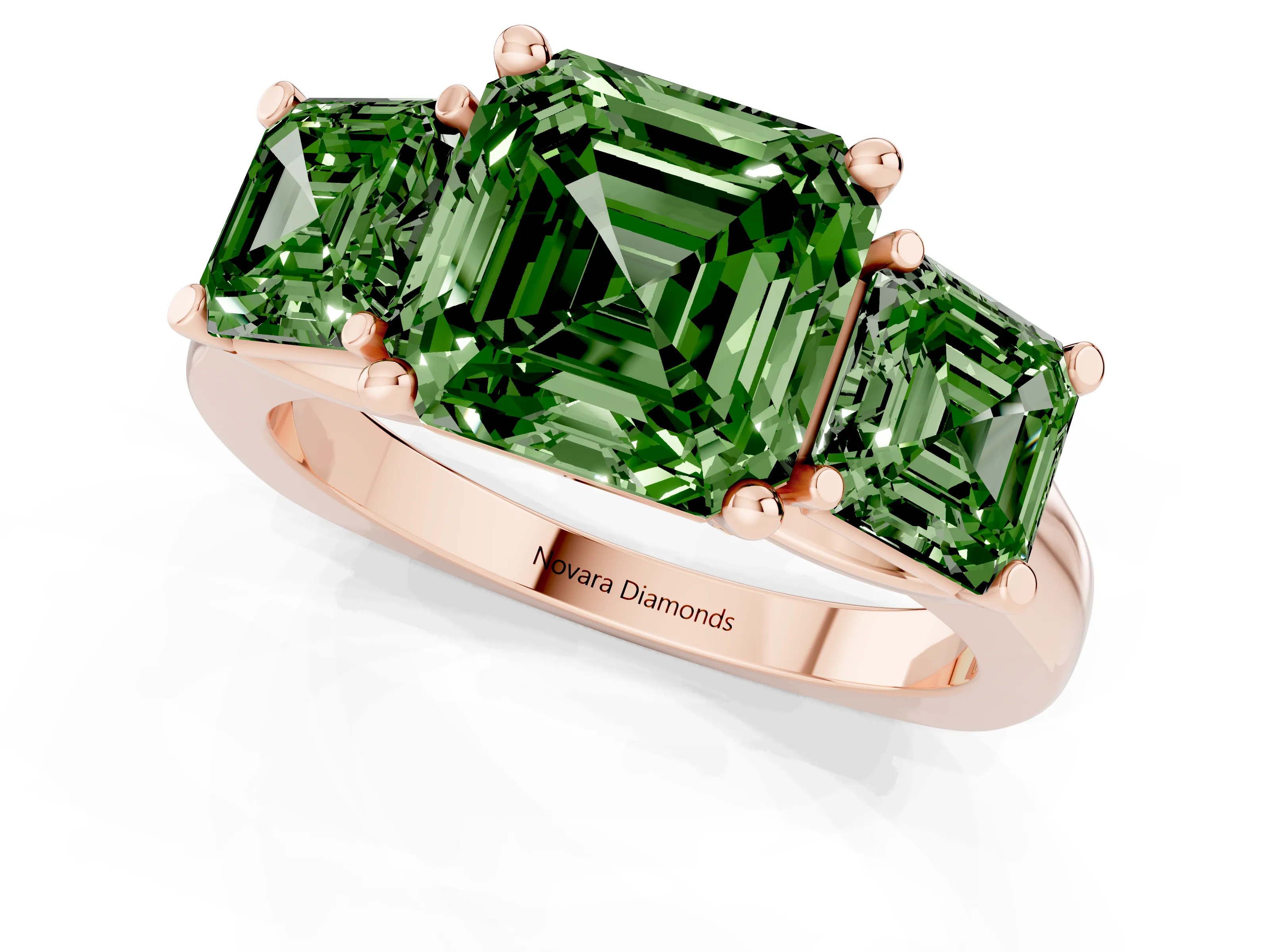 Fancy Green Asscher Cut Diamond Three-Stone Trellis Ring Set in Rose gold with Comfort Fit Band