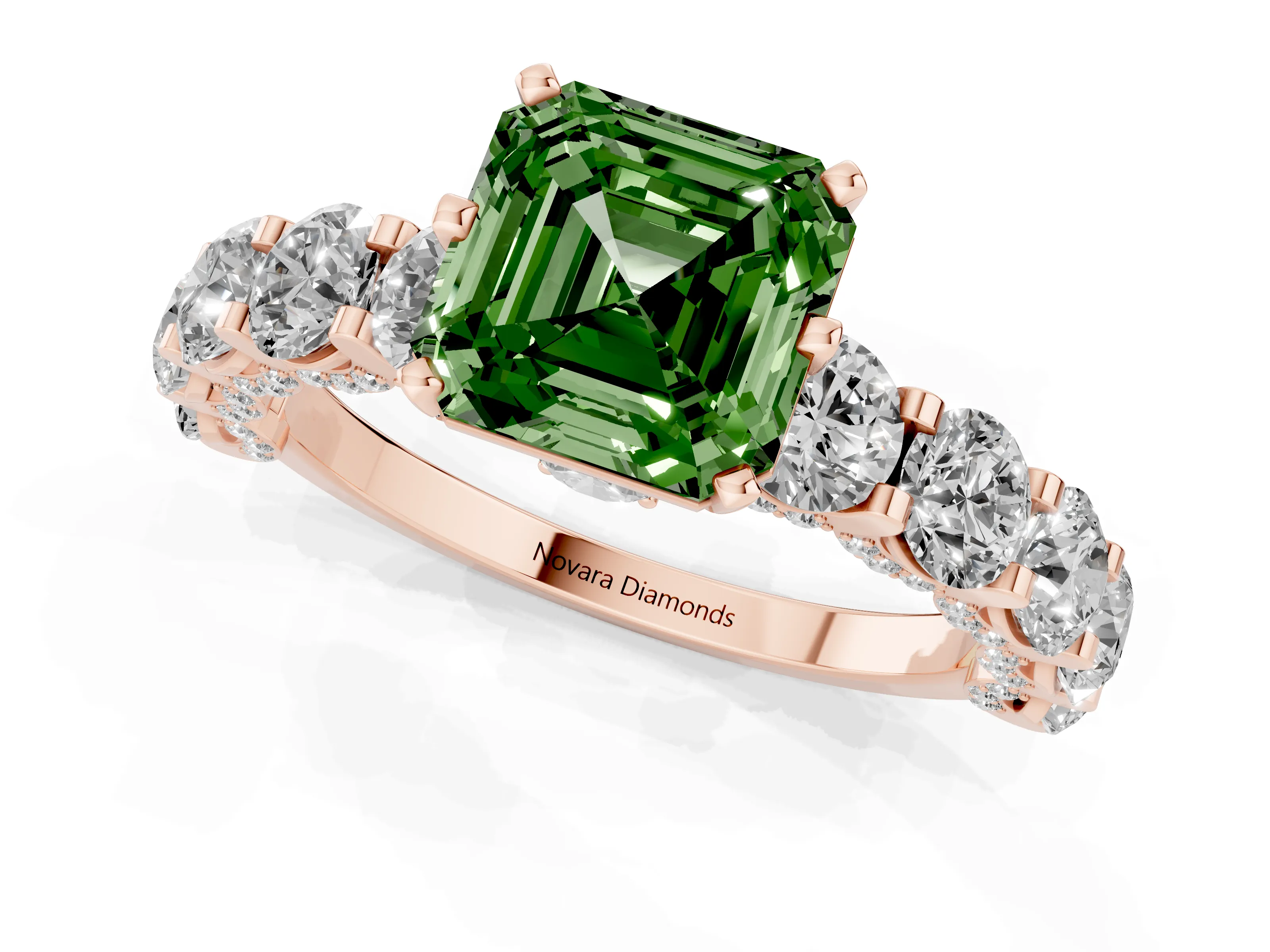 Fancy Green Asscher Cut Diamond Side Stone Ring Set in Rose gold with Alternating Round and Oval Side Stones