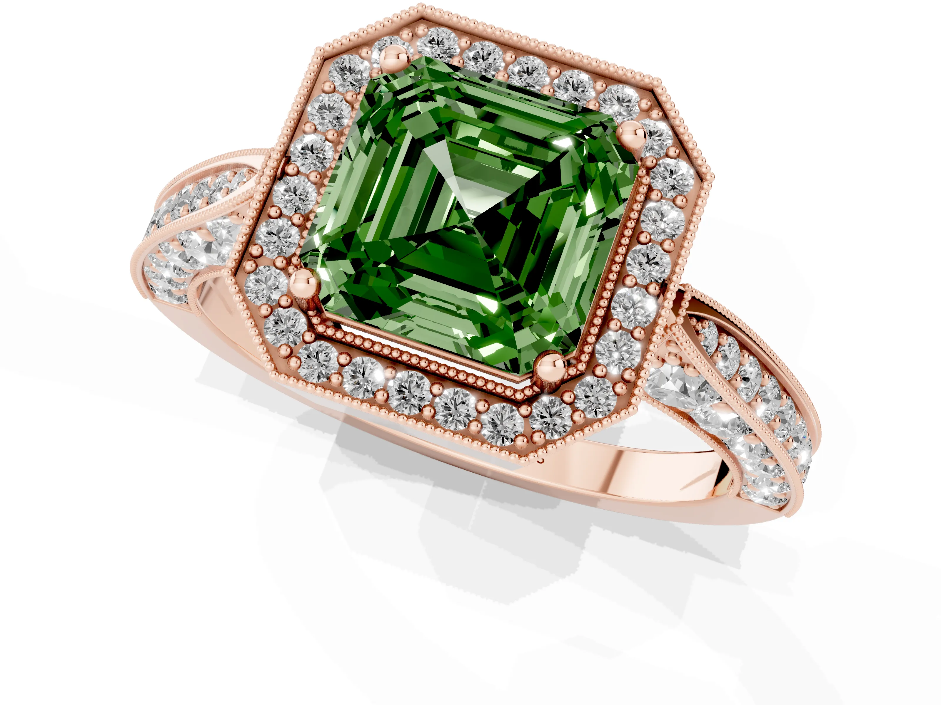 Fancy Green Asscher Cut Diamond Halo Engagement Ring Set in Rose gold with Accent Split Shank Band
