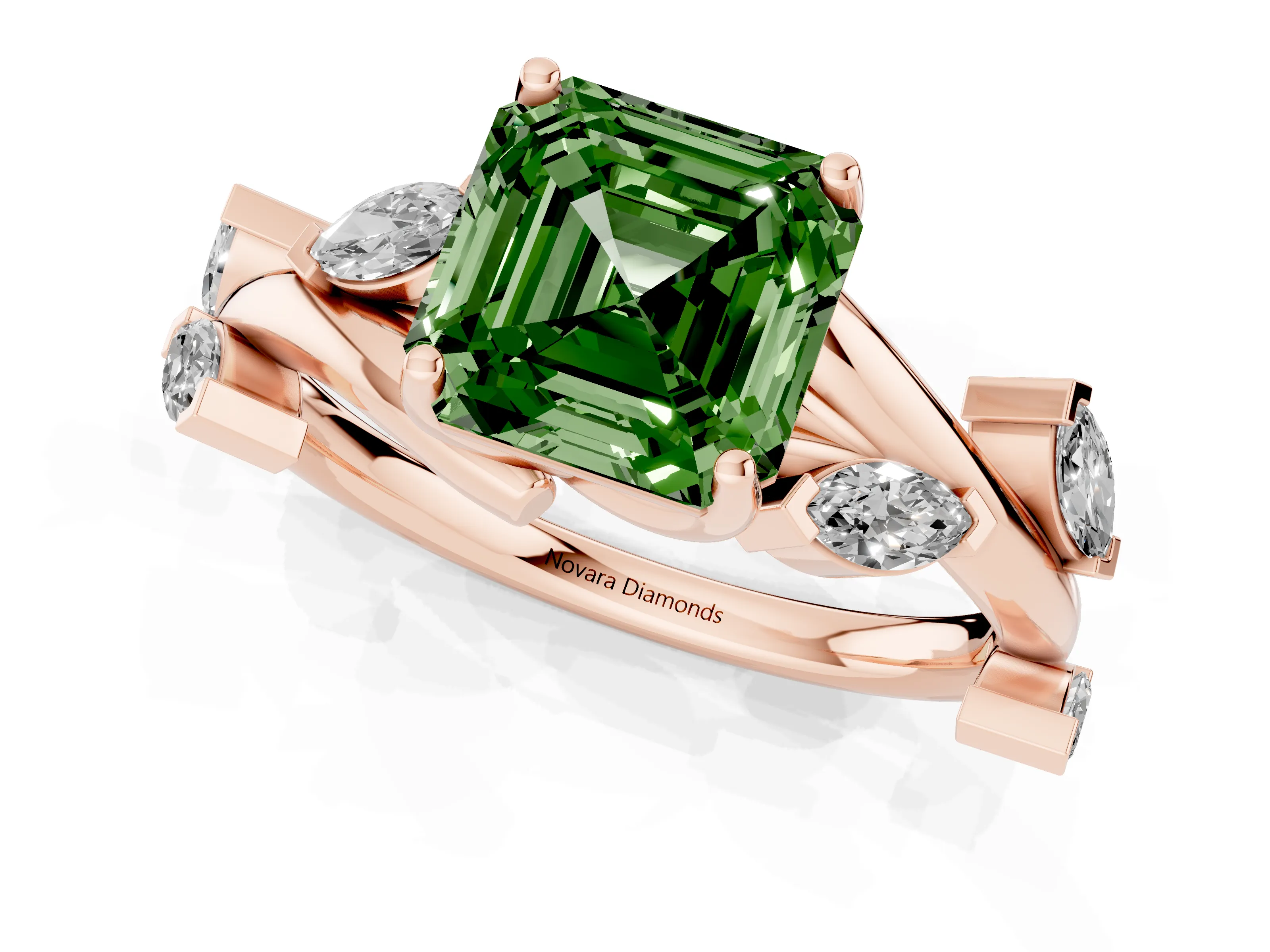 Fancy Green Asscher Cut Diamond Solitaire Ring Set in Rose gold with Twisted Marquise Accent Band