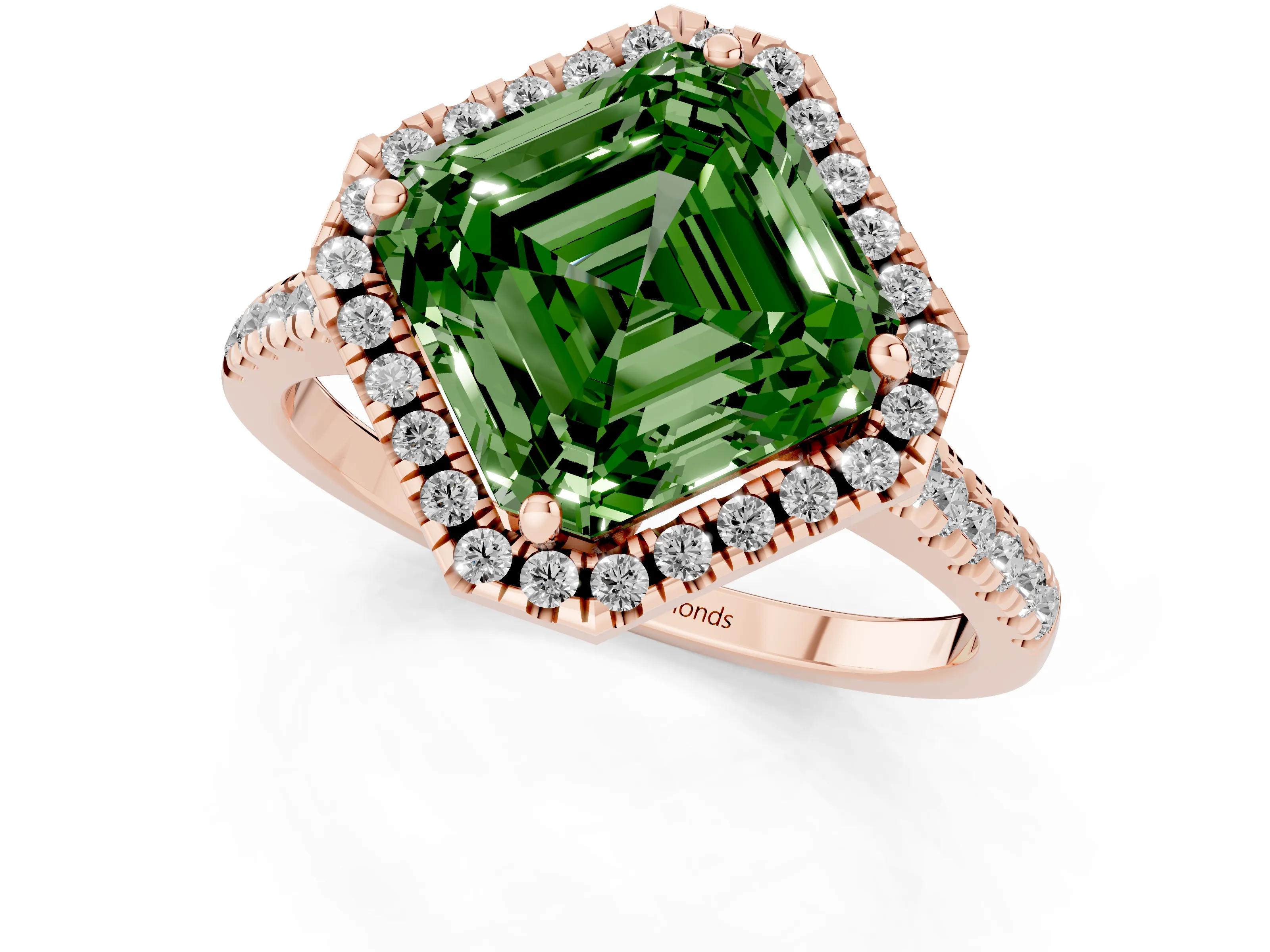 Fancy Green Asscher Cut Diamond Cushion Halo Ring Set in Rose gold with Pavé Band