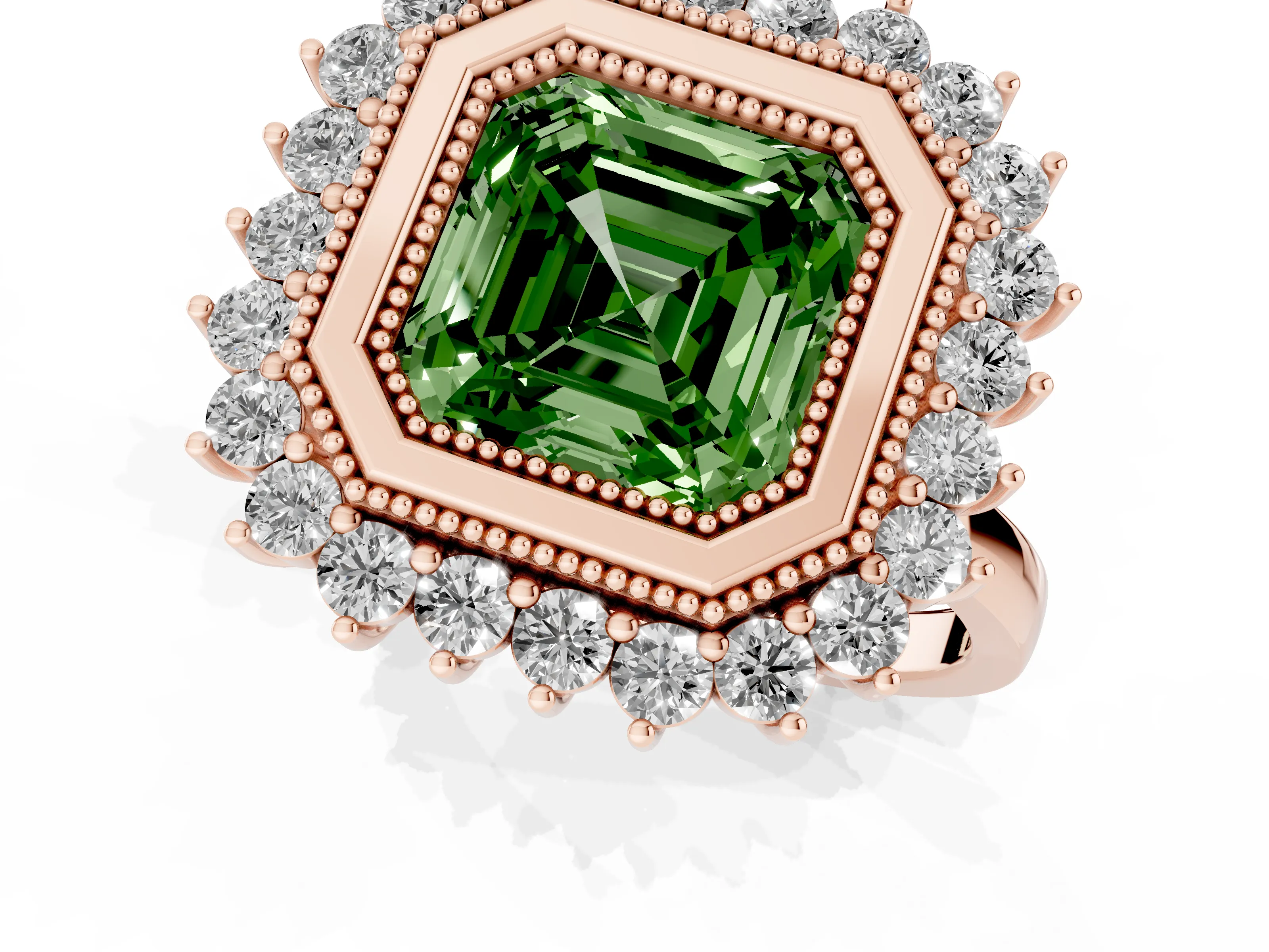Fancy Green Asscher Cut Diamond Halo Ring Set in Rose gold with Milgrain Edge and Round Prong Setting