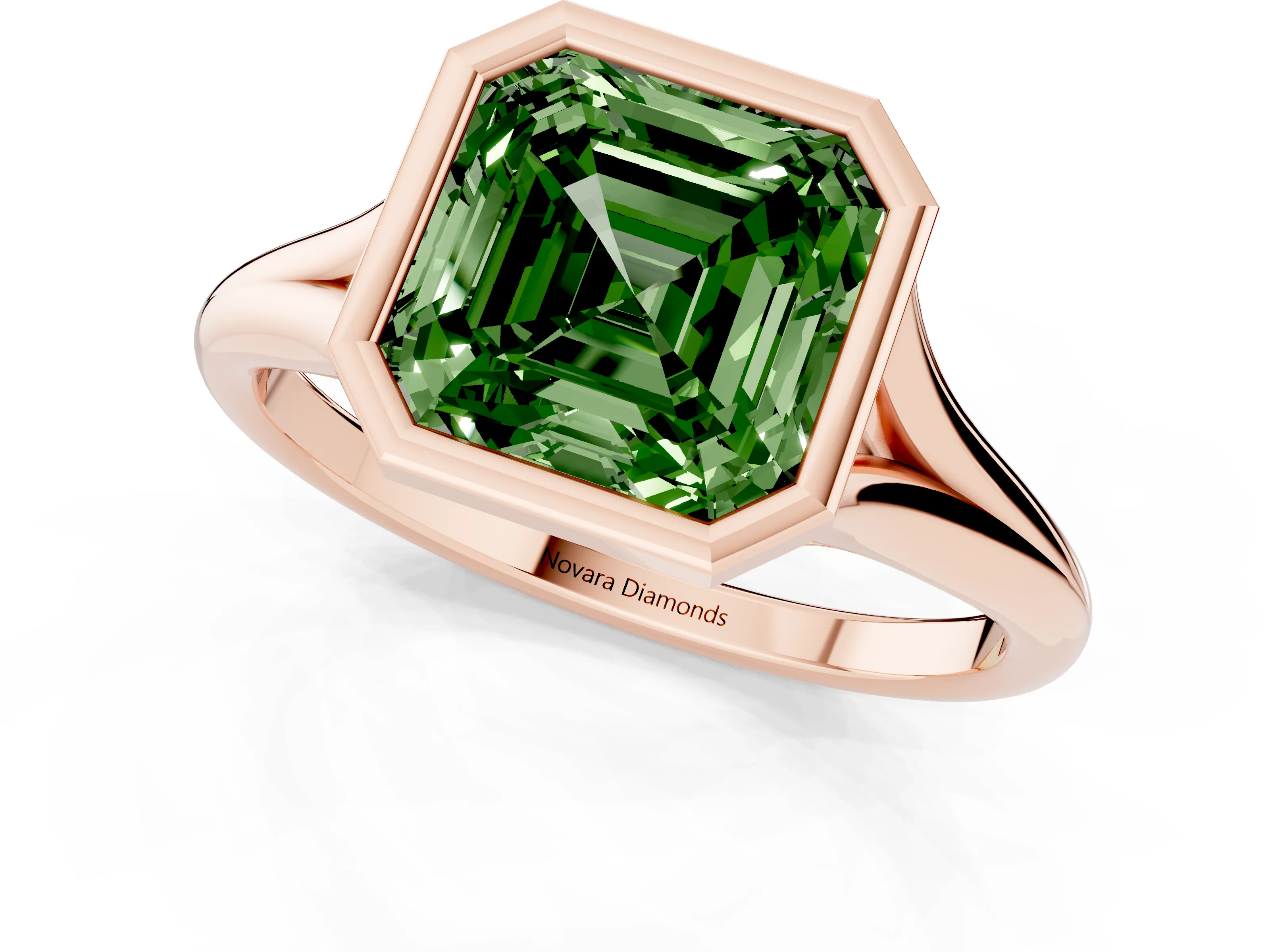 Fancy Green Bezel Set Asscher Cut Diamond Solitaire Ring Set in Rose gold with Tapered Band