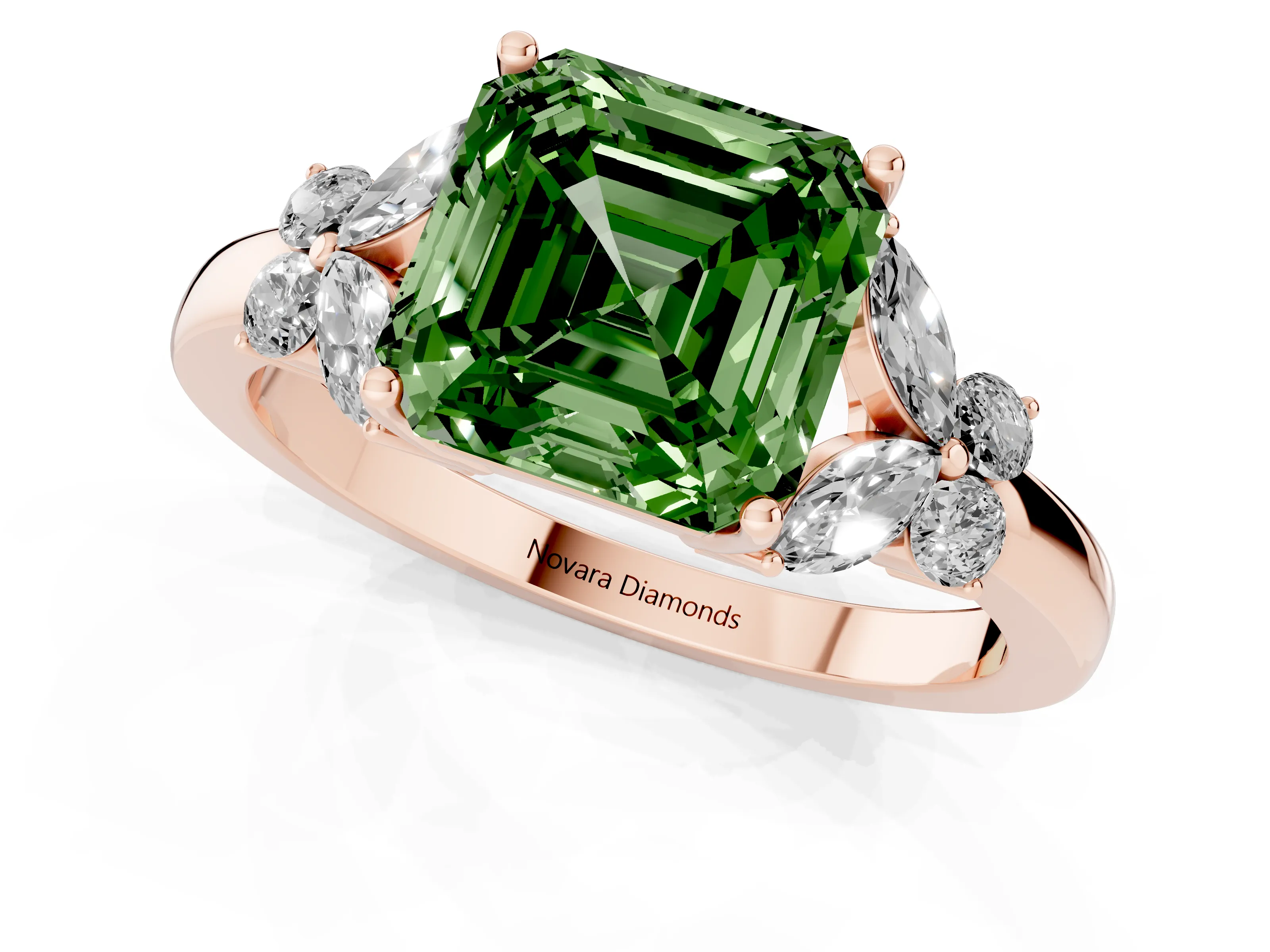 Fancy Green Asscher Cut Diamond Solitaire Floral Ring Set in Rose gold with Marquise Petals and Prong Setting