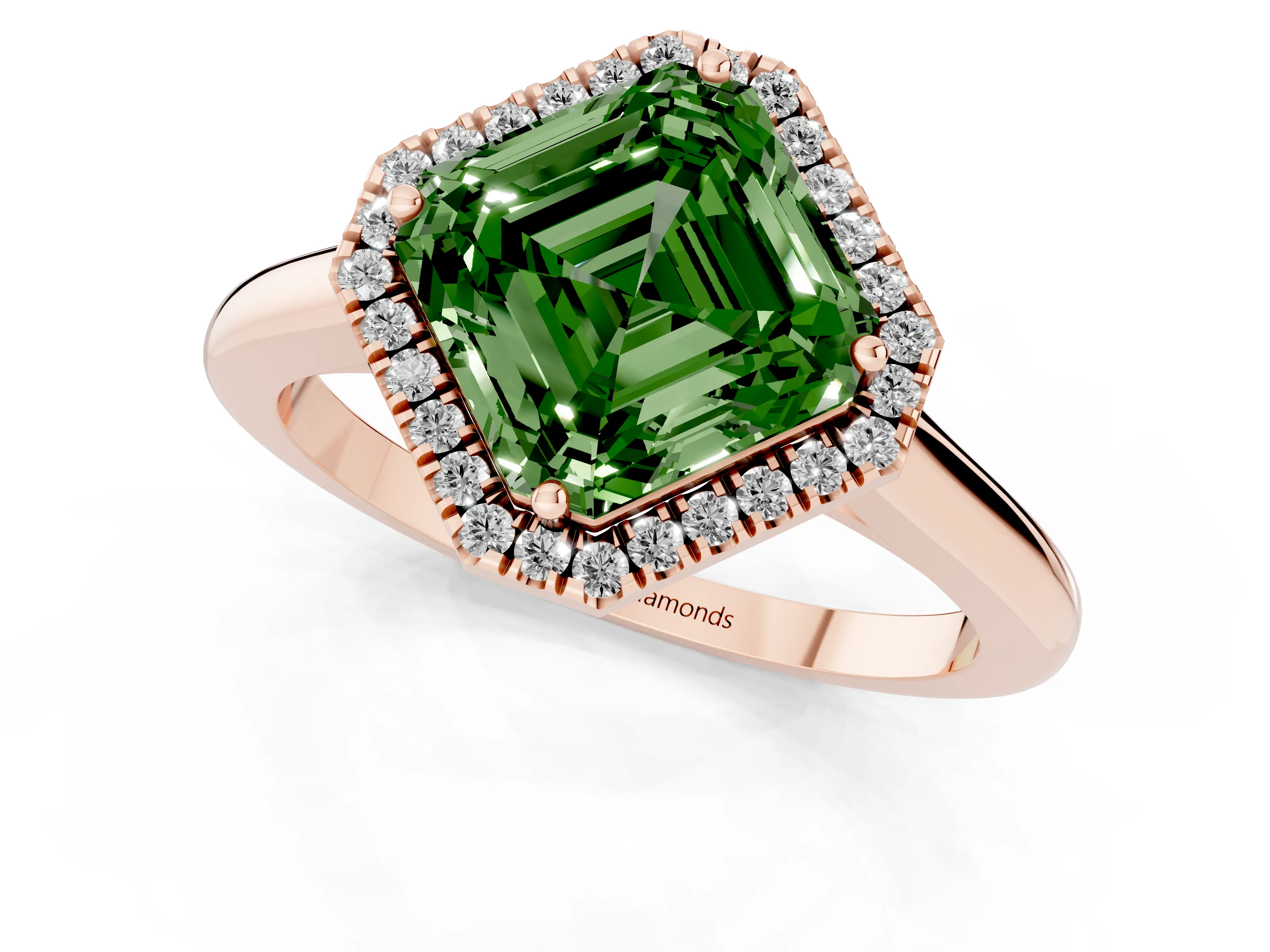 Fancy Green Asscher Cut Diamond Halo Engagement Ring Set in Rose gold with Pavé Band and Rising Shoulders