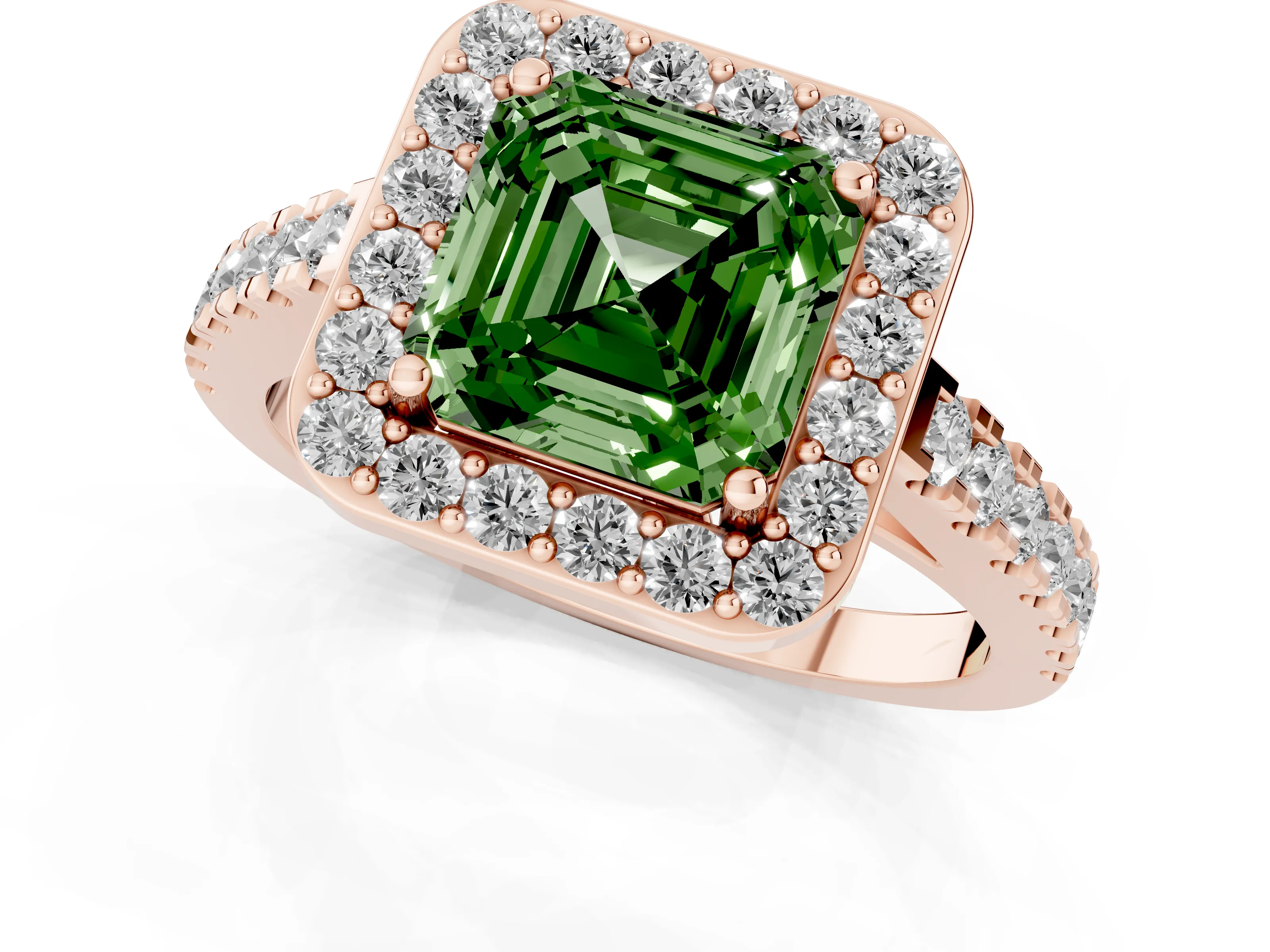 Fancy Green Asscher Cut Diamond Halo Ring Set in Rose gold with Round Pavé Split Shank and Prong Setting