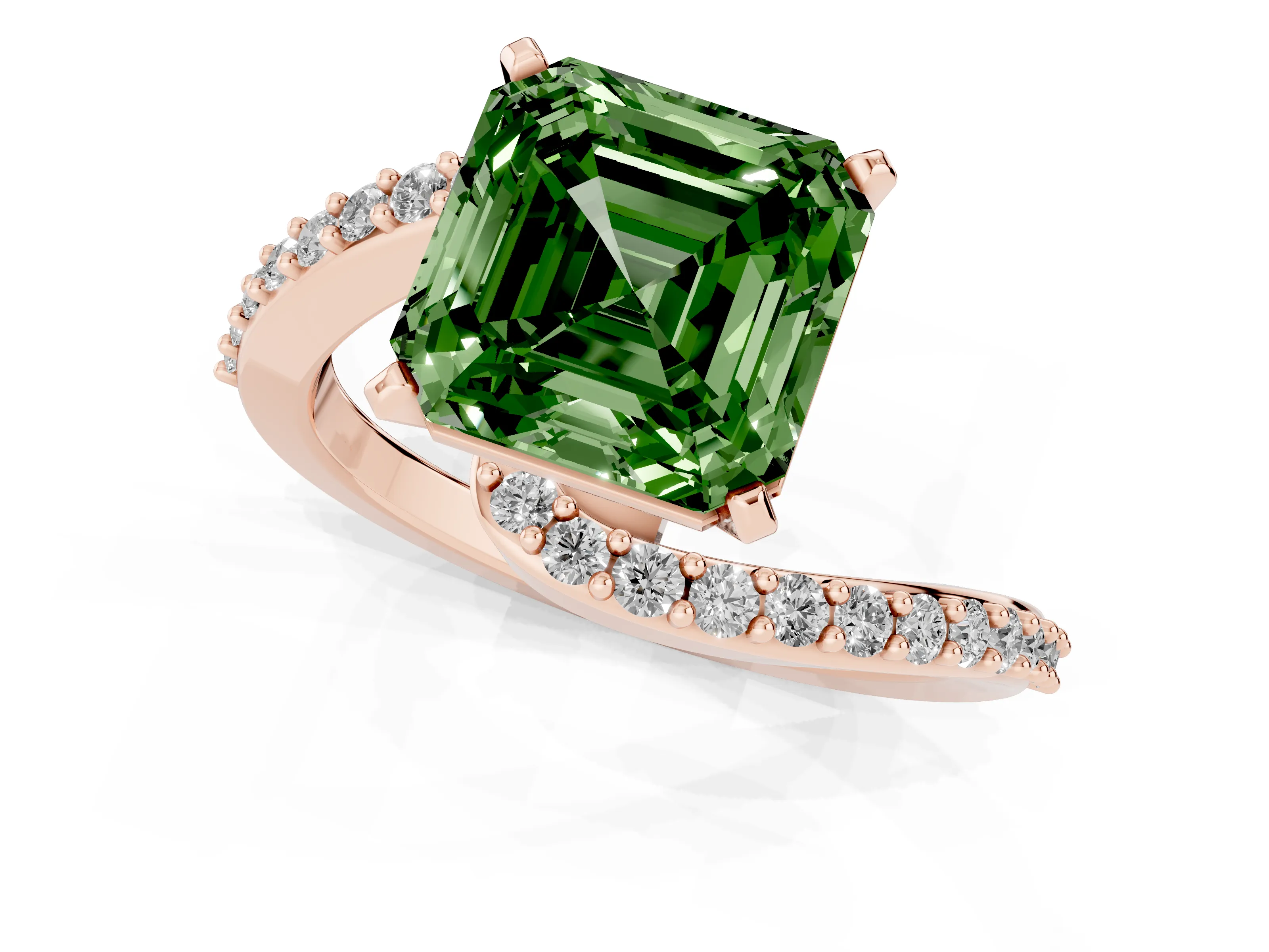 Fancy Green Asscher Cut Diamond Solitaire Ring Set in Rose gold with Pavé Twist Band and Prong Setting