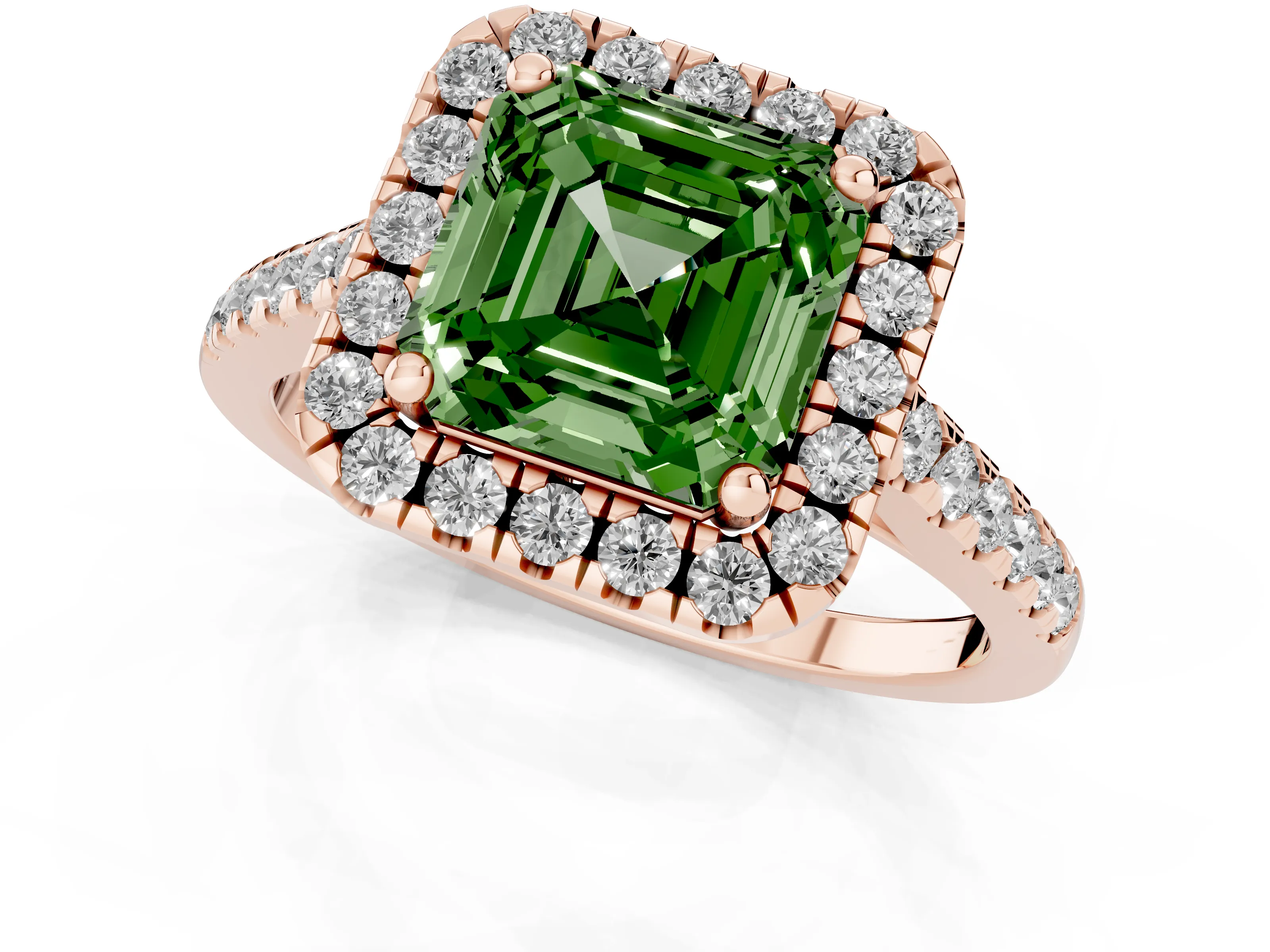 Fancy Green Asscher Cut Diamond Pavé Halo Engagement Ring Set in Rose gold with Pavé Band and Prong Setting