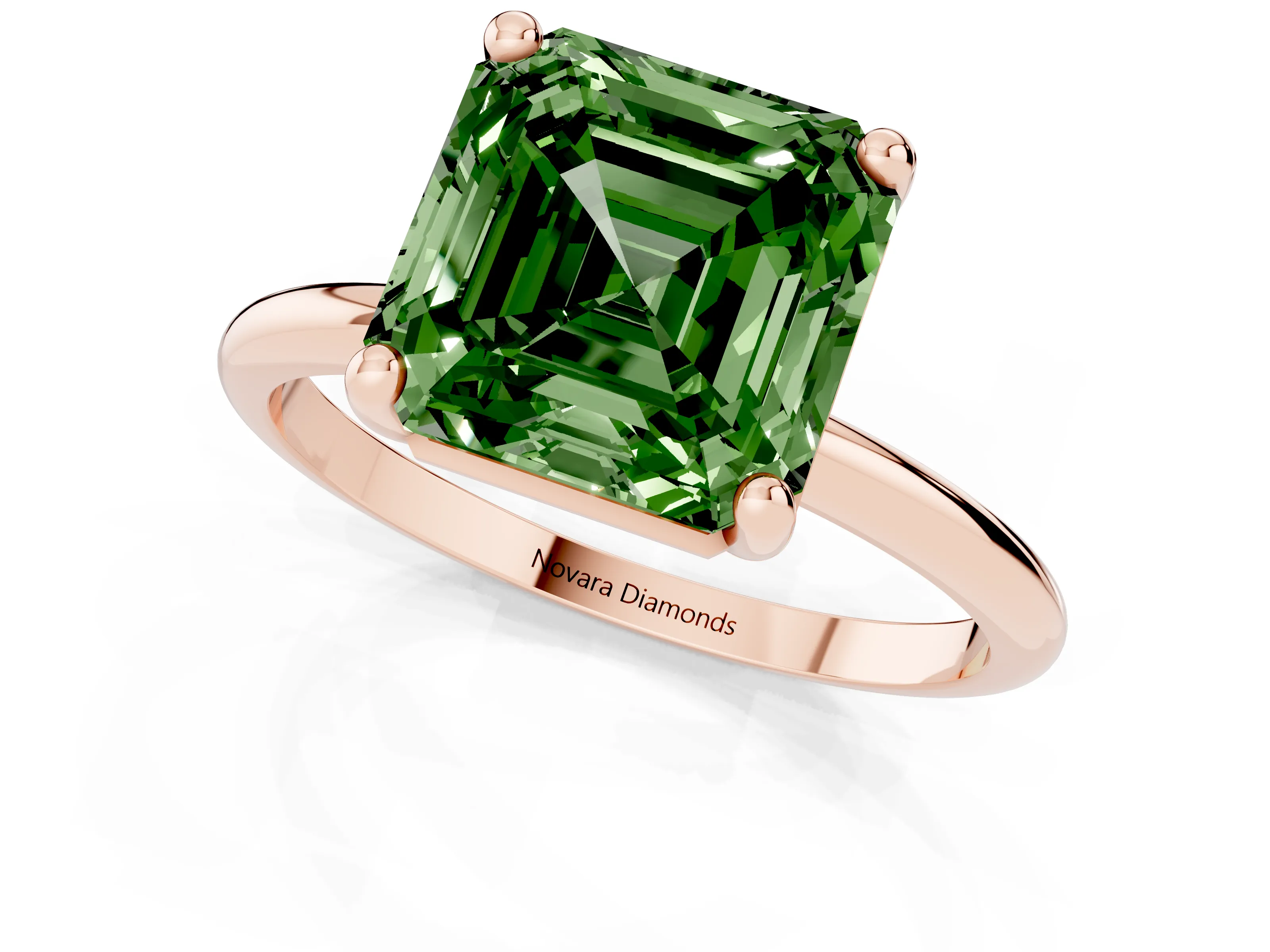 Fancy Green Asscher Cut Diamond Solitaire Ring Set in Rose gold with Secure Prong Setting on a Classic Band