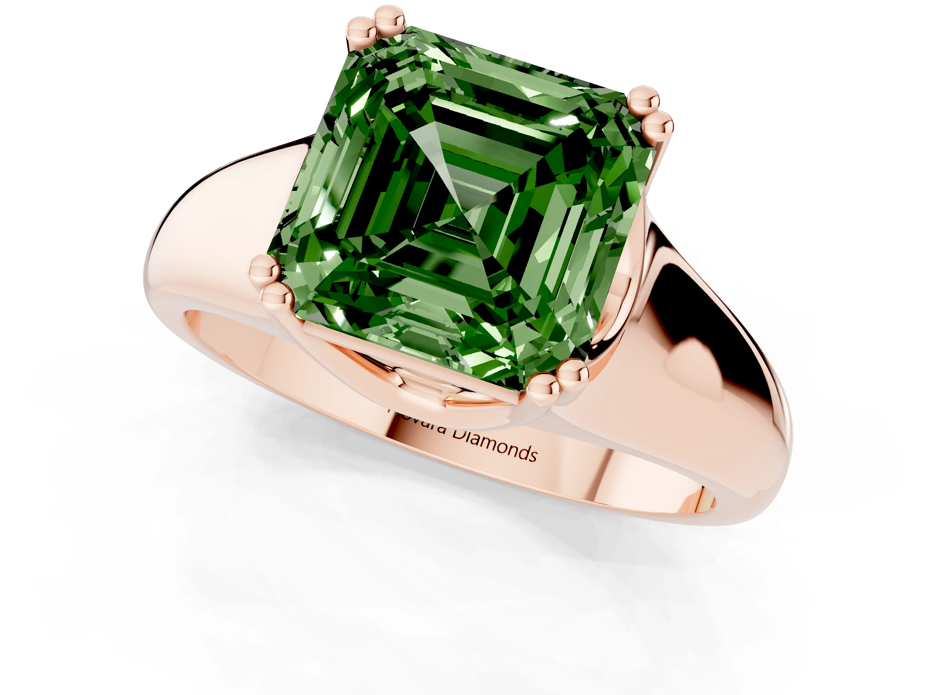 Fancy Green Asscher Cut Diamond Solitaire Ring Set in Rose gold with Wide Band and Prong Setting