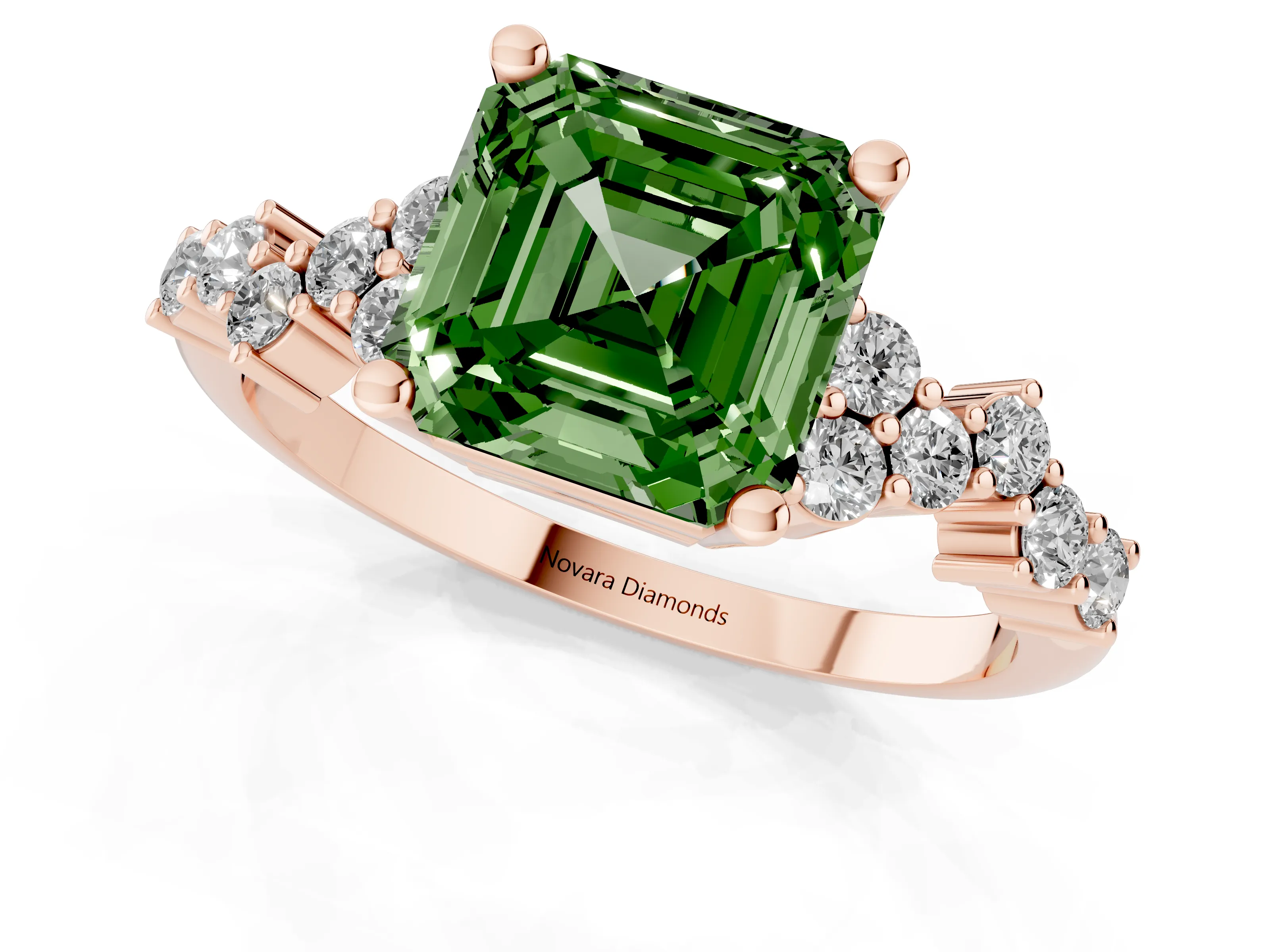Fancy Green Asscher Cut Diamond Ring Set in Rose gold with Scattered Round Accents