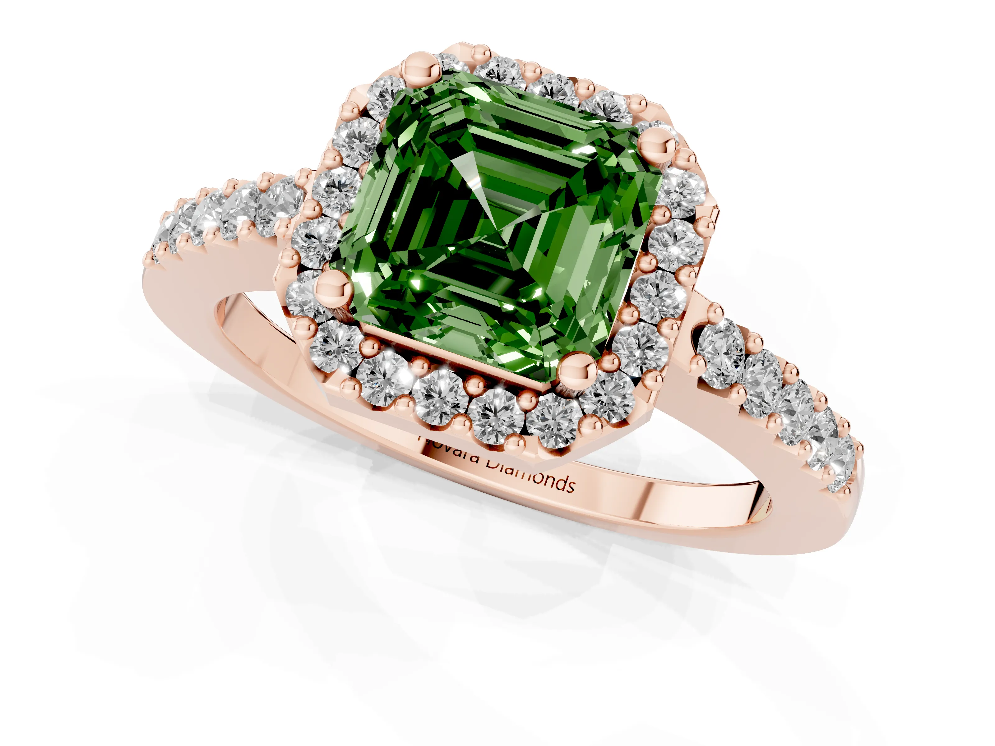 Fancy Green Asscher Cut Diamond Halo Pavé Solitaire Ring Set in Rose gold with Prong-Set Center Stone