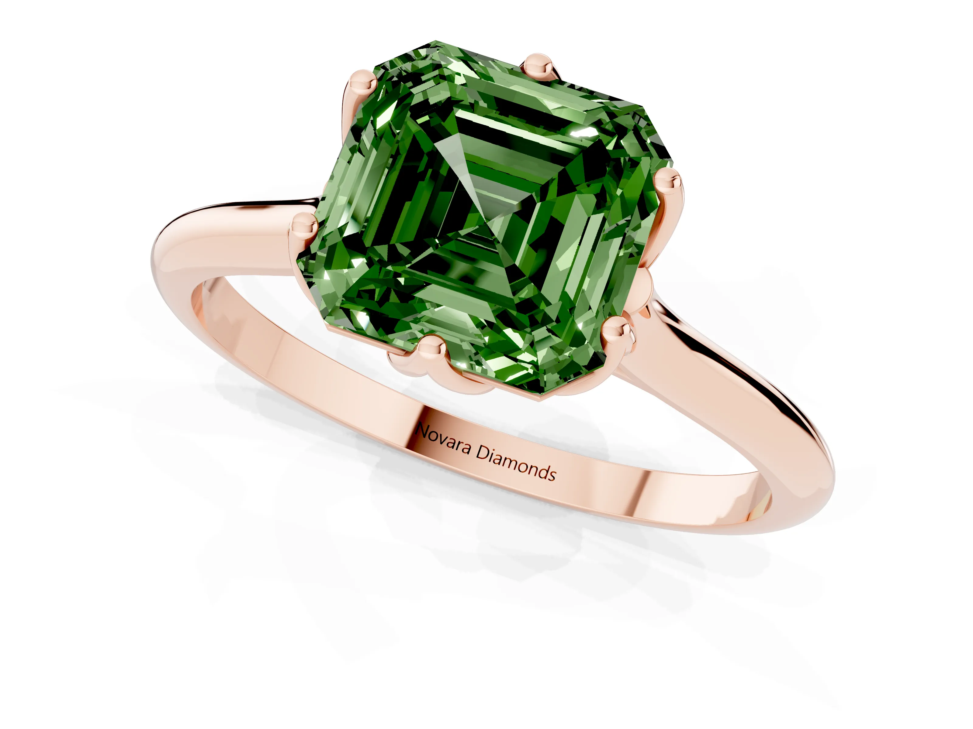 Fancy Green Asscher Cut Diamond Solitaire Cathedral Ring Set in Rose gold with Prong Setting