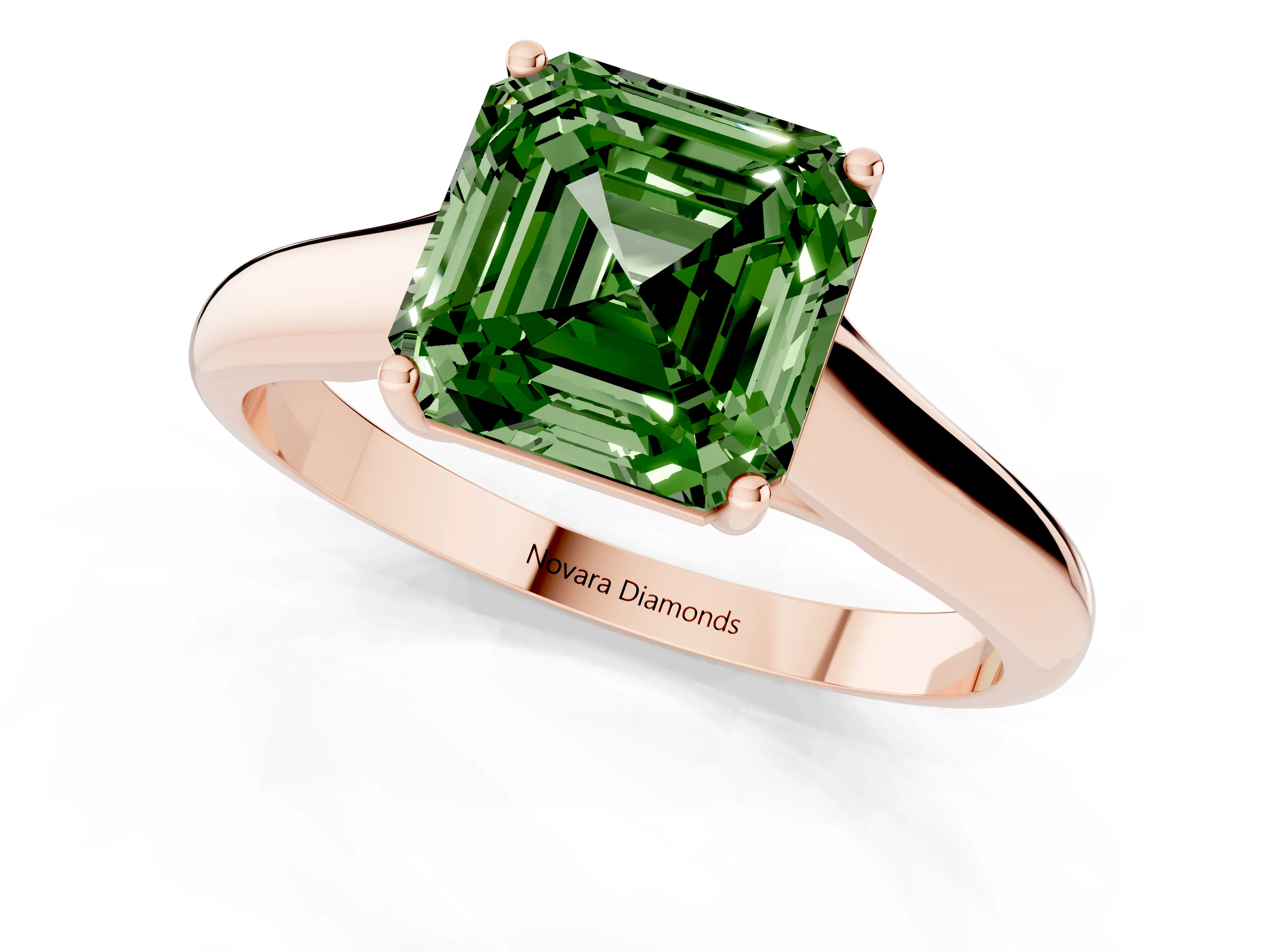 Fancy Green Asscher Cut Diamond Solitaire Engagement Ring Set in Rose gold with Subtly Tapered Band and Prong Setting