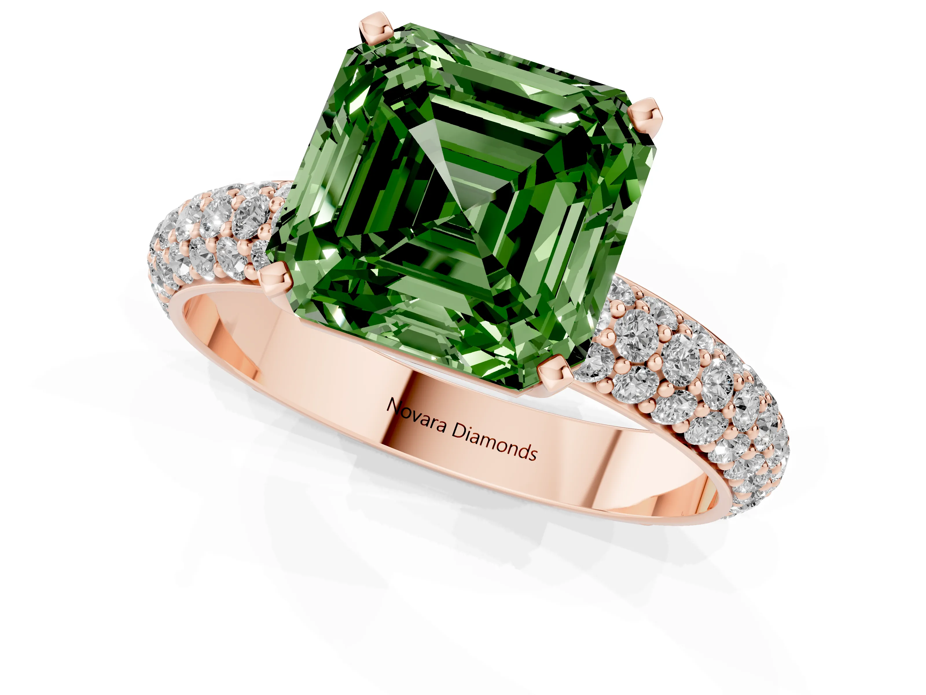 Fancy Green Asscher Cut Diamond Solitaire Ring Set in Rose gold with Prong Setting and Pavé-Set Band