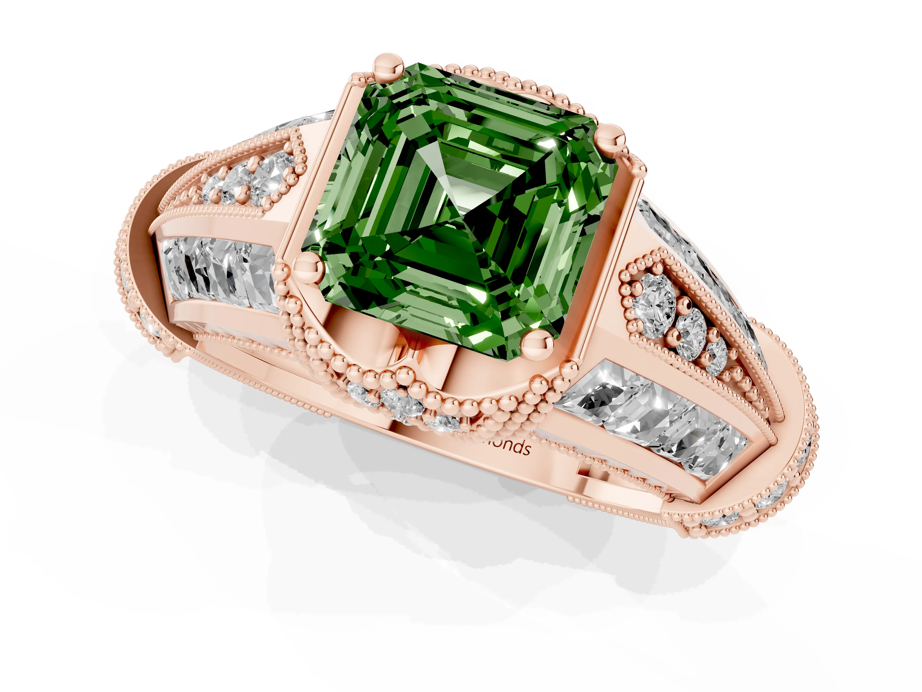 Fancy Green Asscher Cut Diamond Vintage-Inspired Milgrain Ring Set in Rose gold with Accent Split Shank