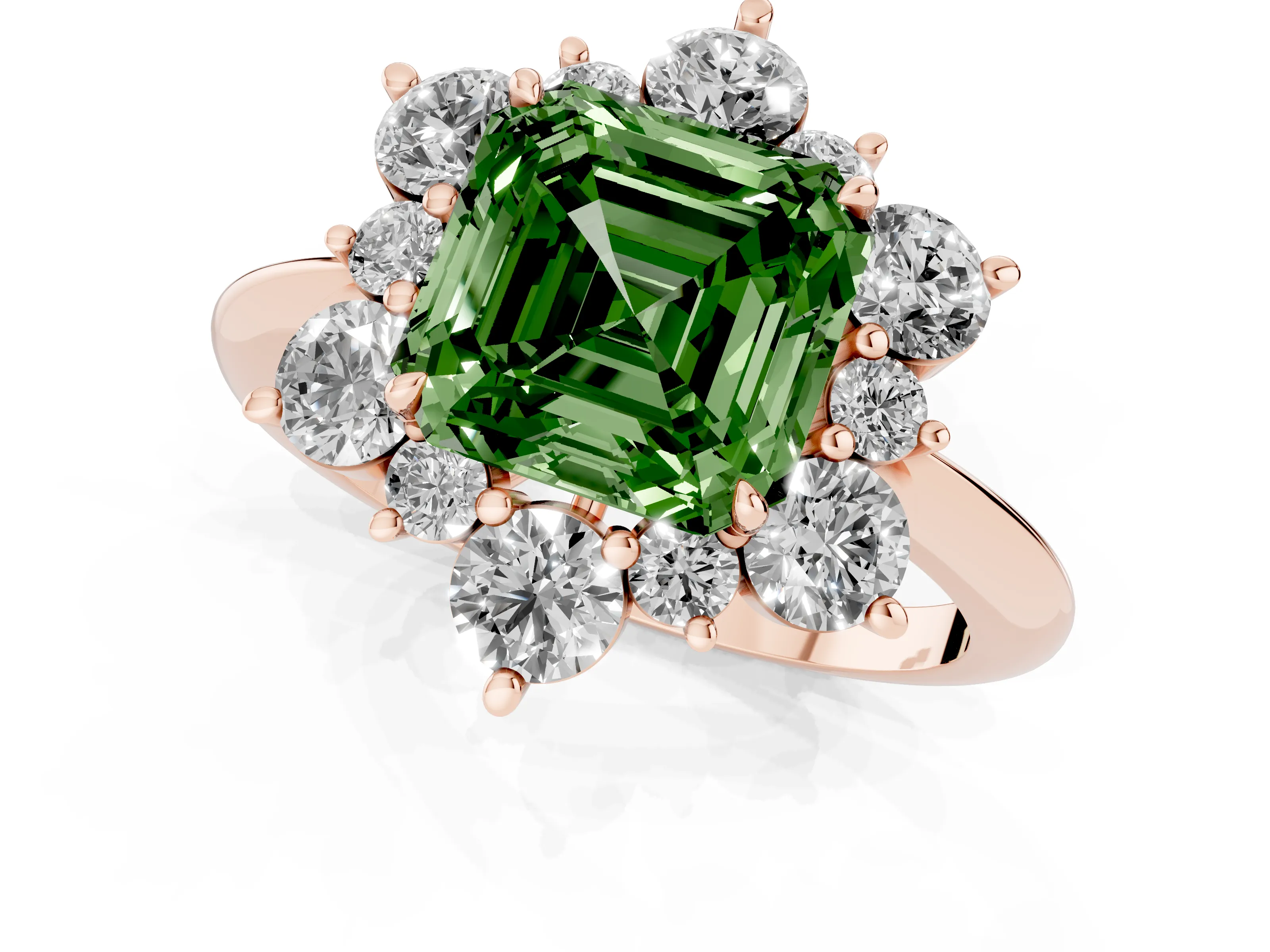 Fancy Green Asscher Cut Diamond Cluster Halo Ring Set in Rose gold with Solitaire Band and Prong Setting