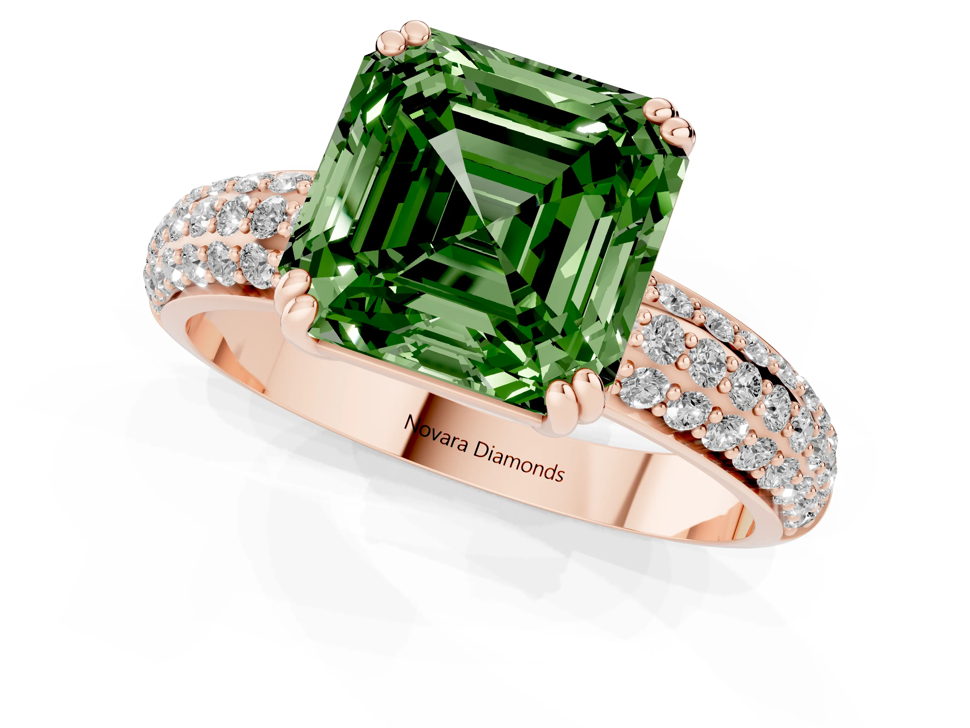 Fancy Green Asscher Cut Diamond Solitaire Ring Set in Rose gold with Multi-Row Round Pavé Band and Prong Setting