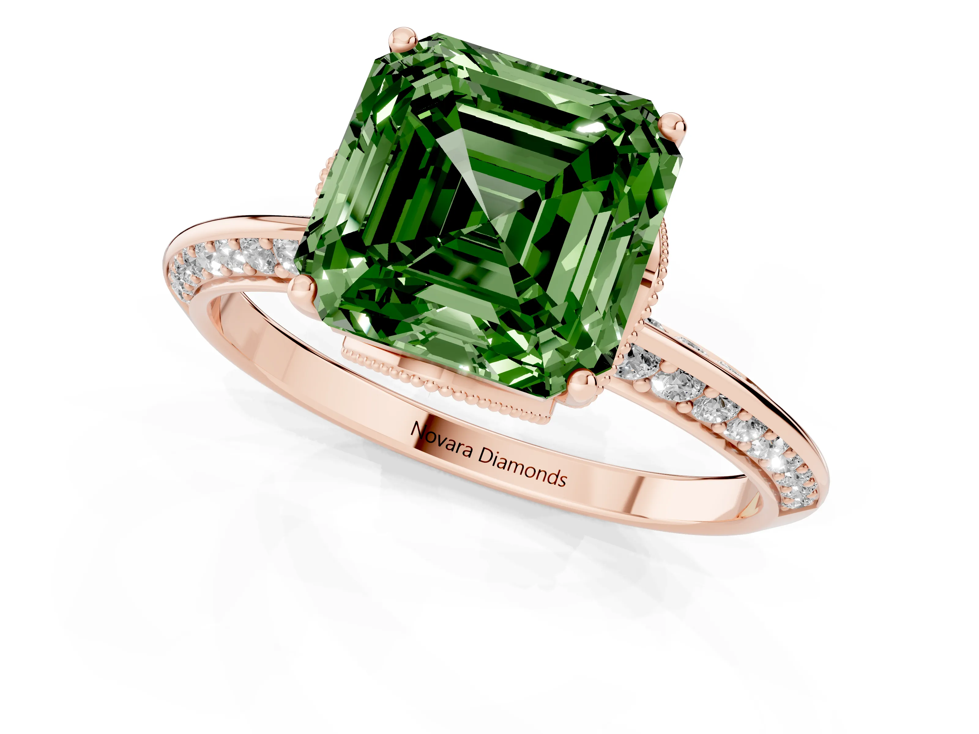 Fancy Green Asscher Cut Diamond Solitaire Engagement Ring Set in Rose gold with Pavé Split Shank and Prong Setting