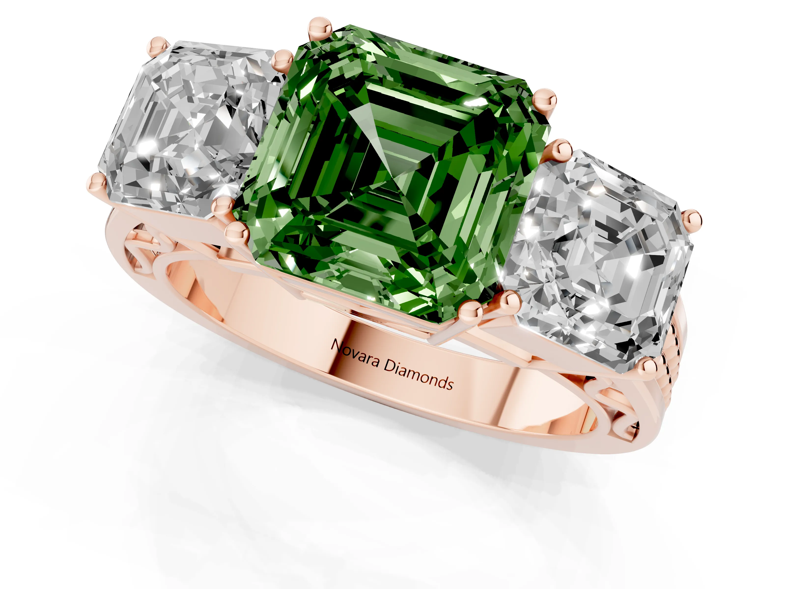 Fancy Green Asscher Cut Diamond Three-Stone Ring Set in Rose gold with Textured Band