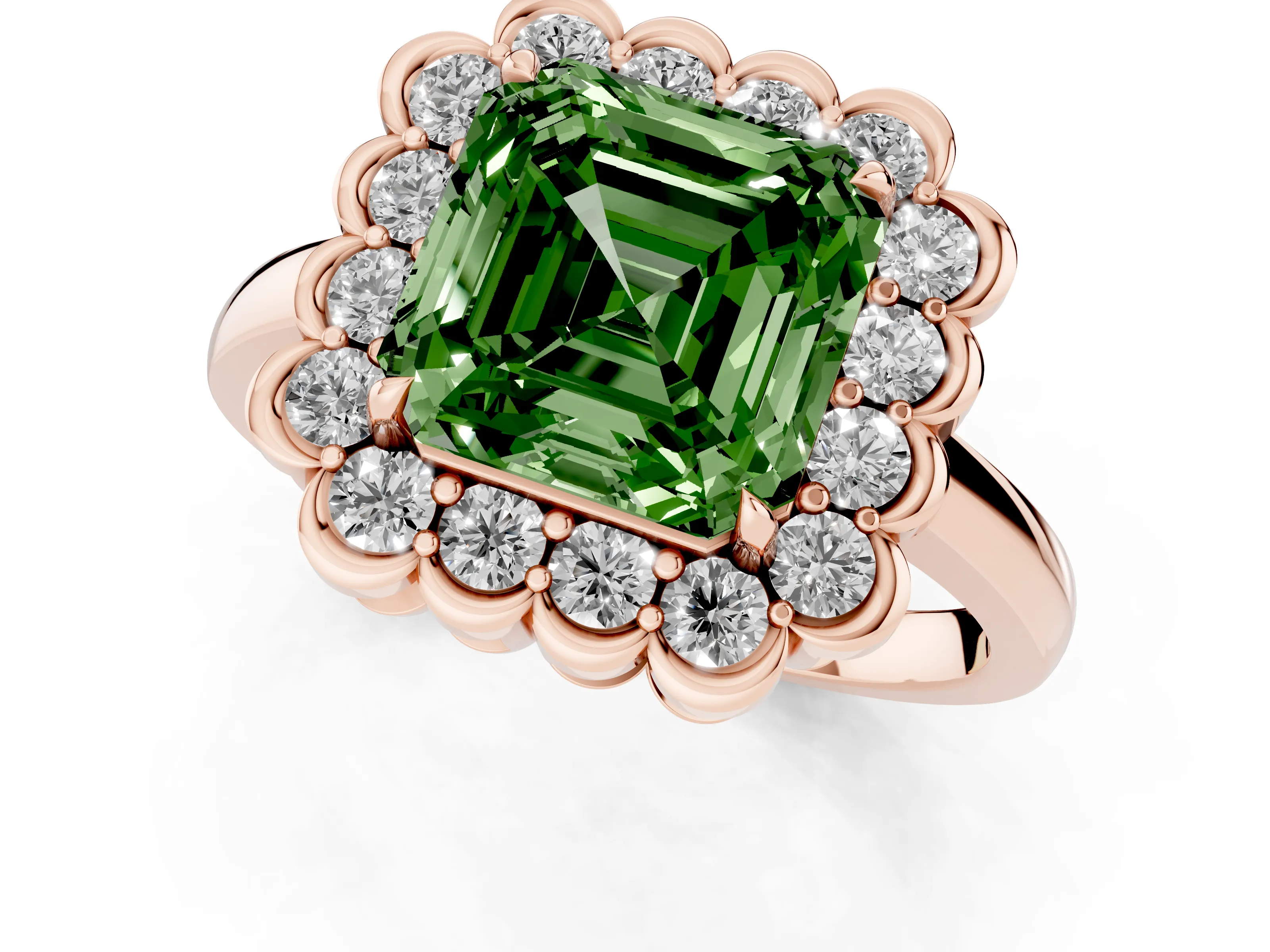 Fancy Green Asscher Cut Diamond Halo Cluster Engagement Ring Set in Rose gold with Solitaire Band and Prong Setting