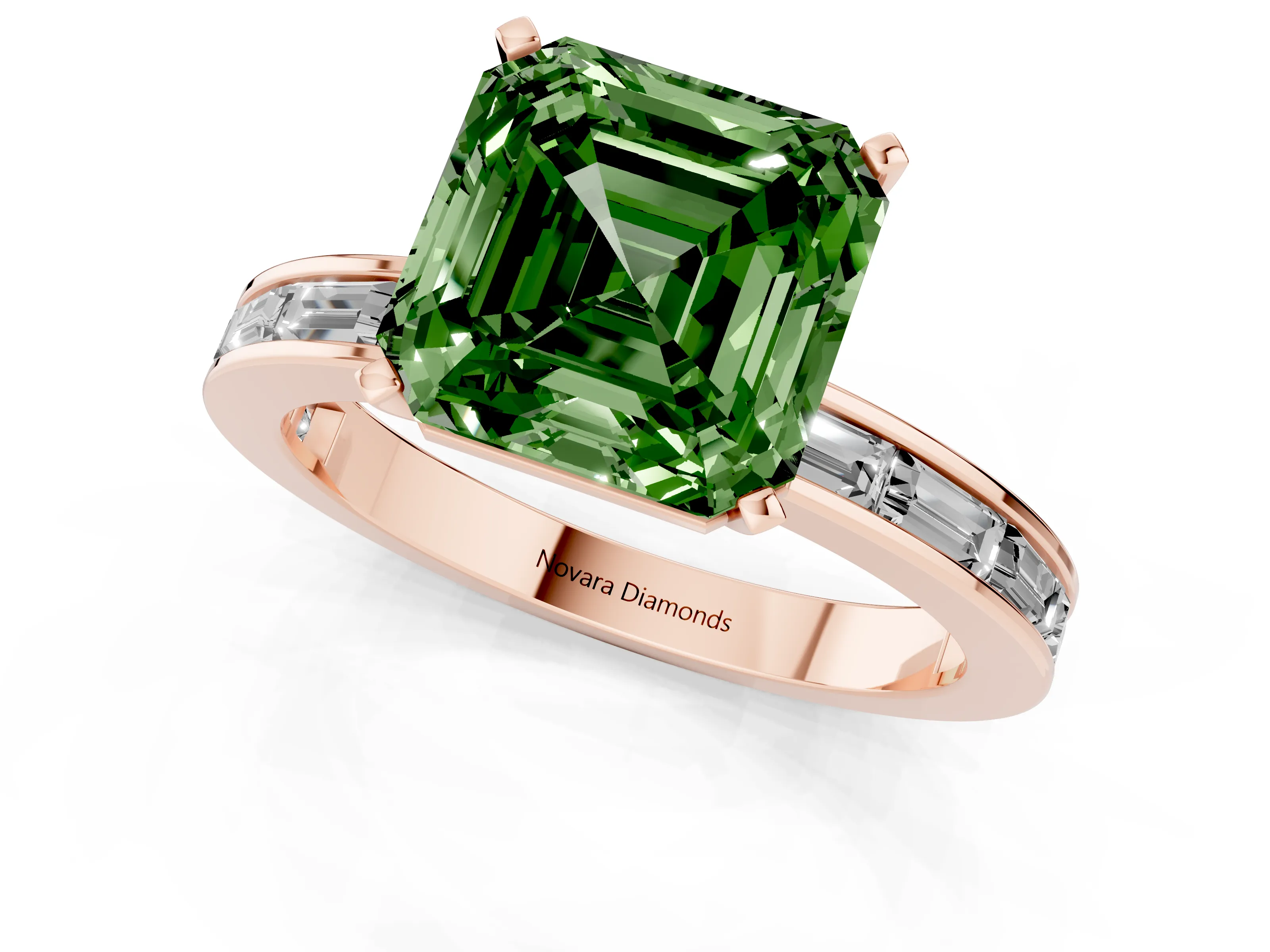 Fancy Green Asscher Cut Diamond Solitaire Ring Set in Rose gold with Channel-Set Baguette Band and Prong Setting