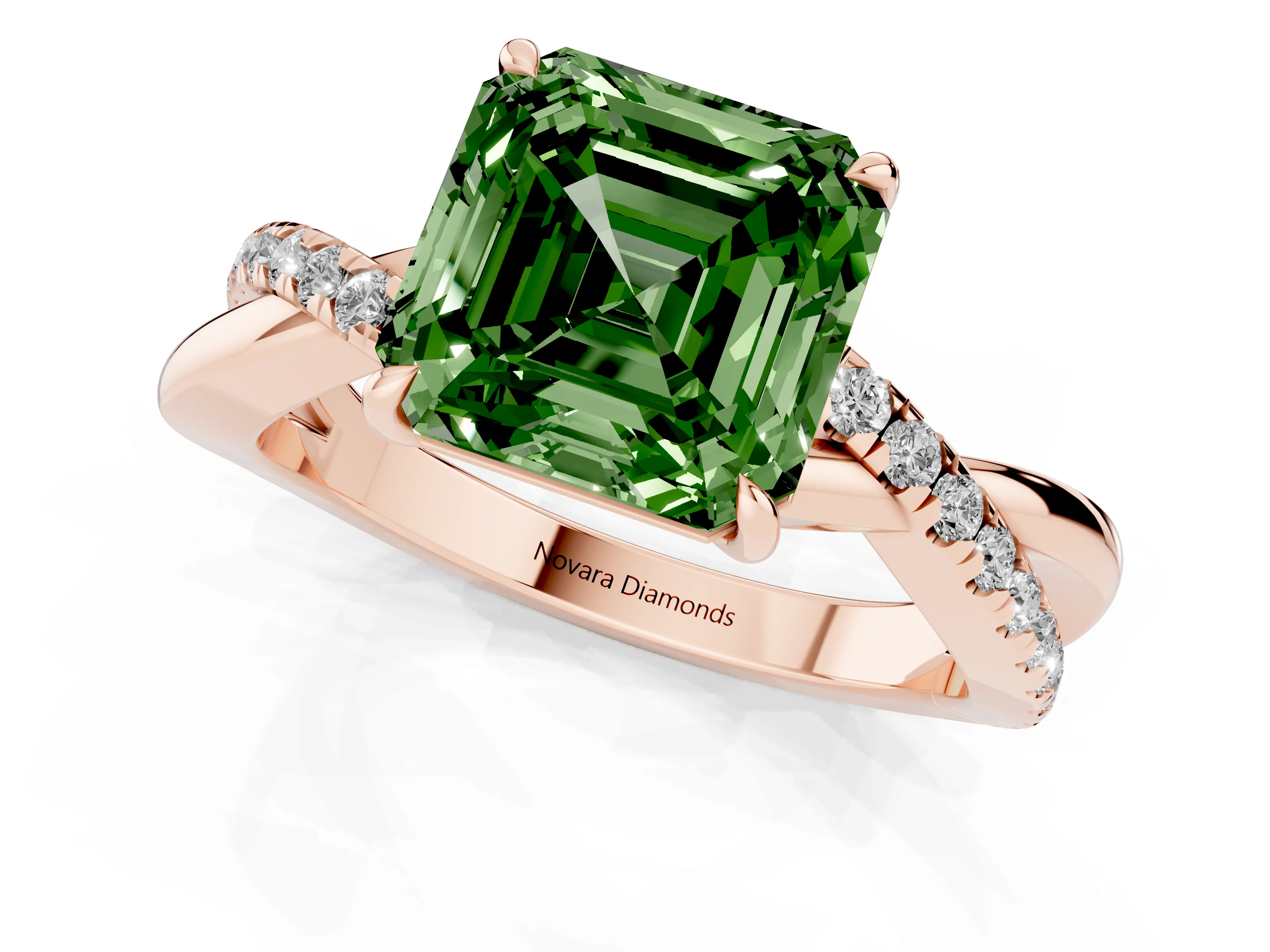 Fancy Green Asscher Cut Diamond Twisted Pavé Band Ring Set in Rose gold with Prong Setting