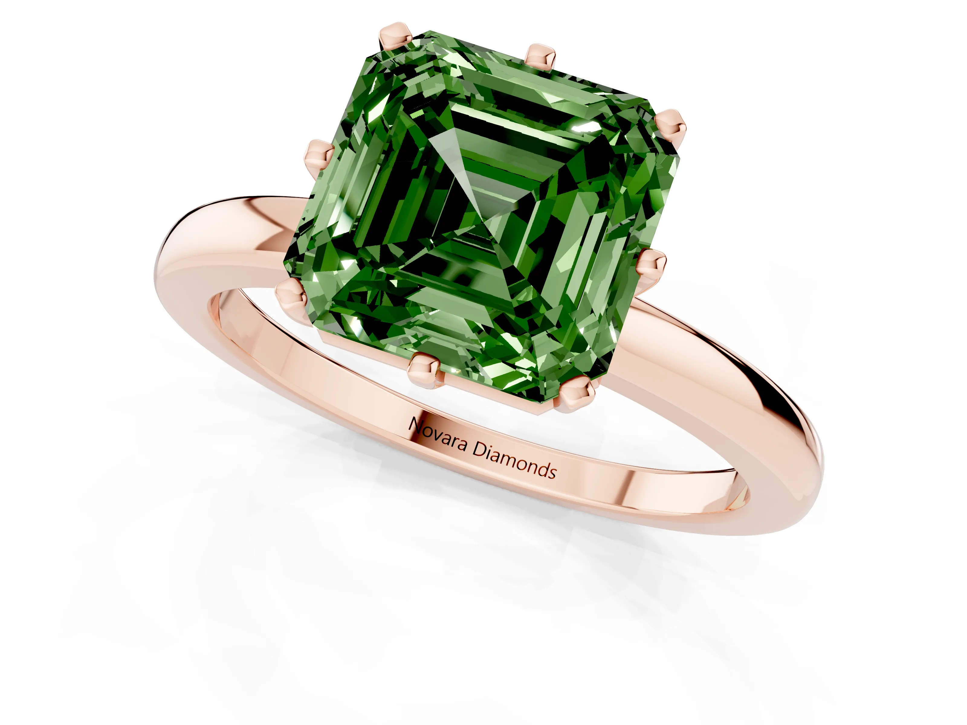 Fancy Green Asscher Cut Diamond Solitaire Ring Set in Rose gold with Raised Prong Setting on a Classic Band