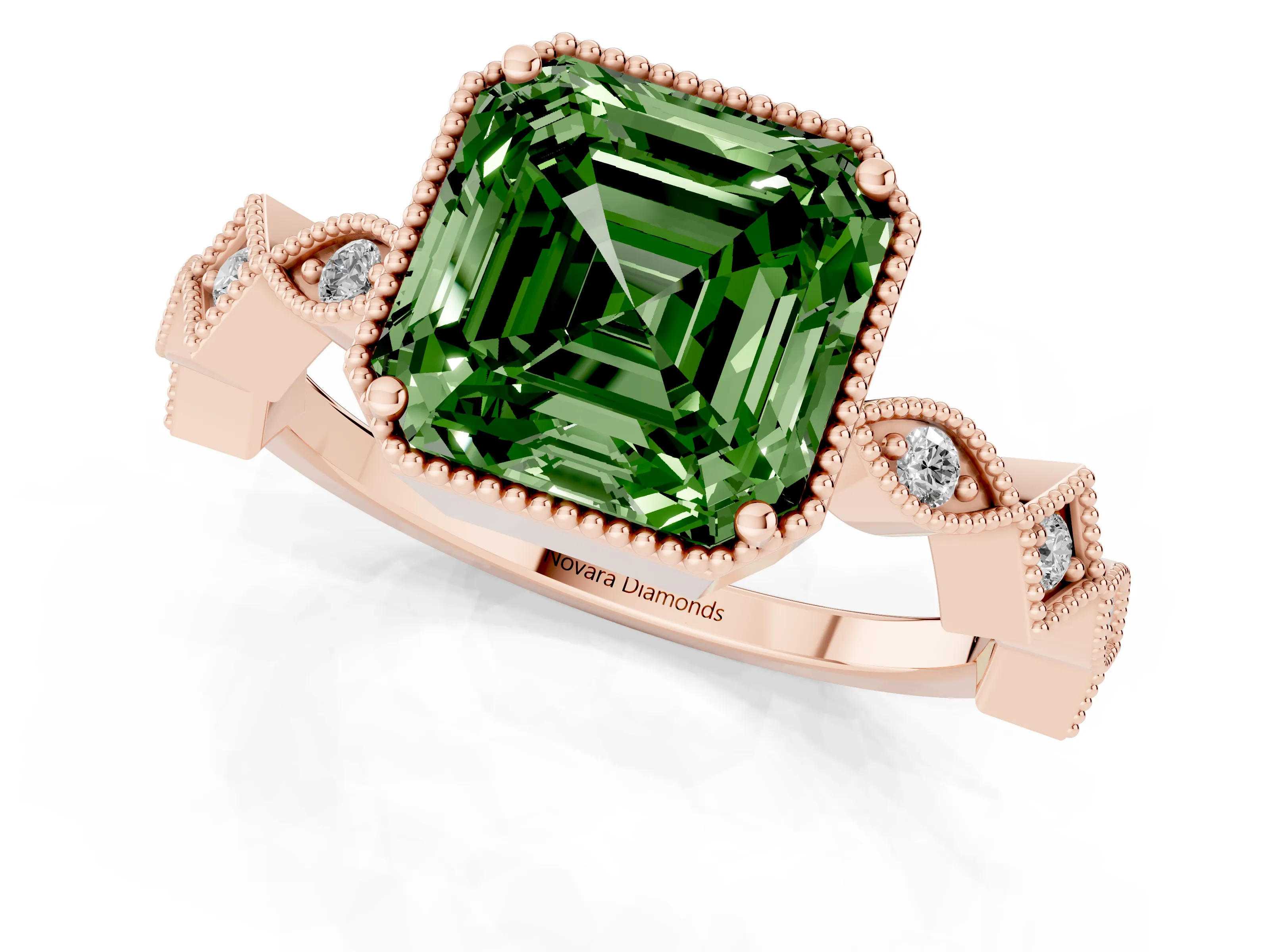 Fancy Green Asscher Cut Diamond Milgrain Marquise Twist Band Ring Set in Rose gold with Prong Setting