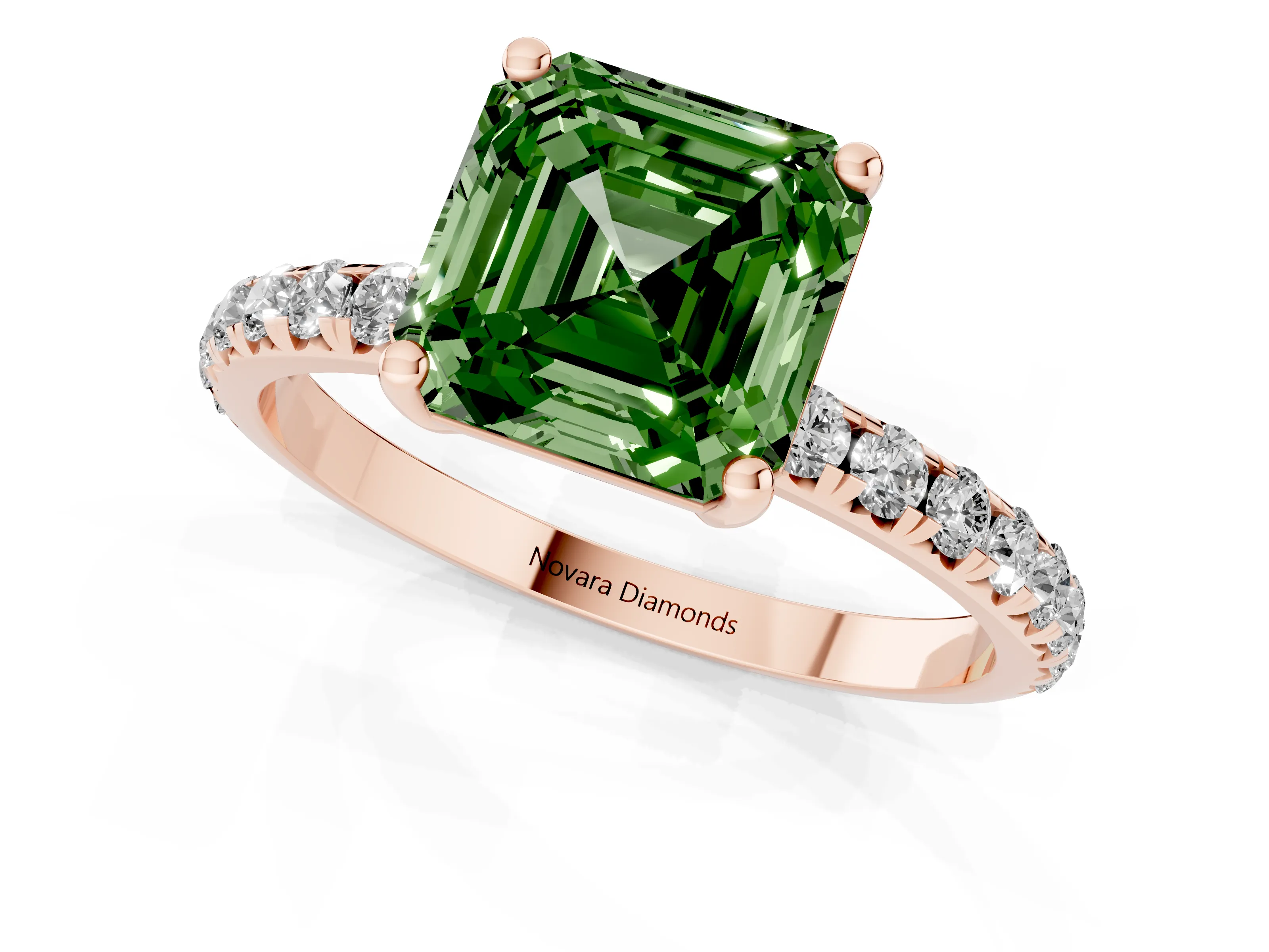 Fancy Green Asscher Cut Diamond Solitaire Ring Set in Rose gold with Micro Pavé Band and Prong Setting