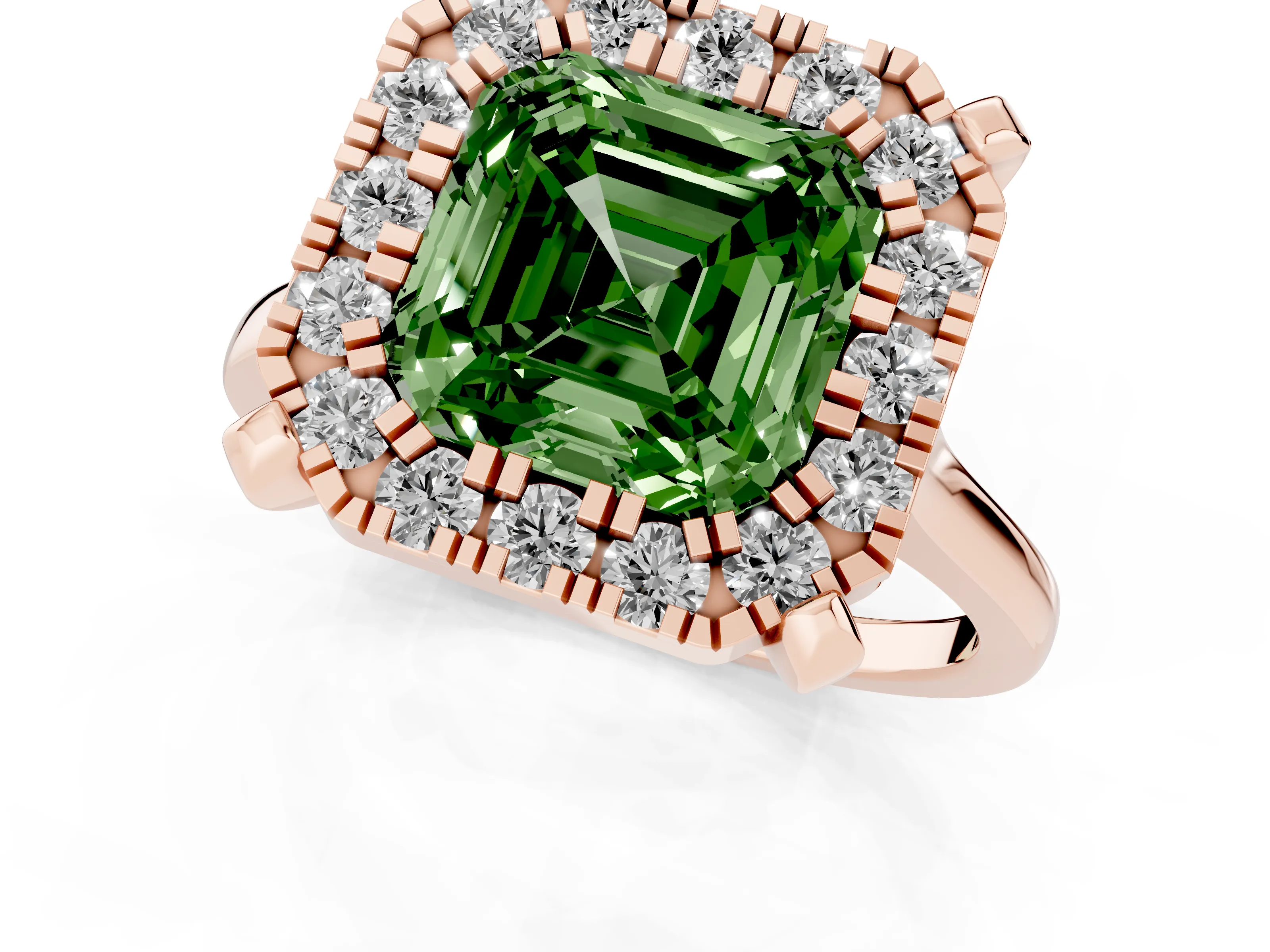 Fancy Green Asscher Cut Diamond Cluster Halo Solitaire Ring Set in Rose gold with Prong Setting