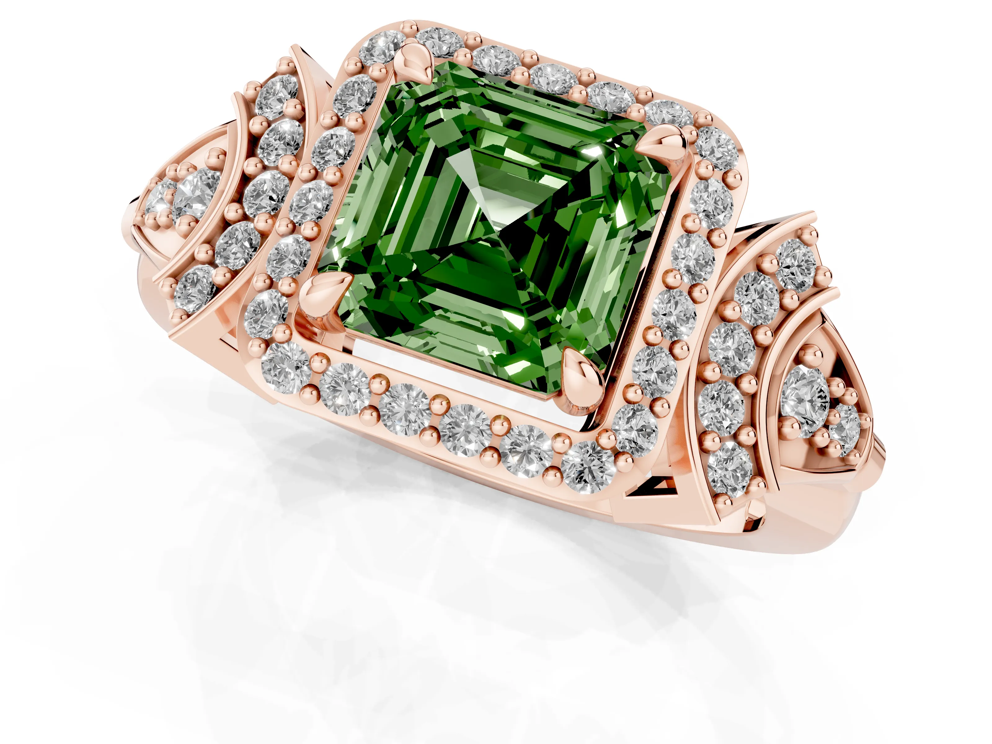 Fancy Green Asscher Cut Diamond Halo Engagement Ring Set in Rose gold with Accent Stone Split Shank