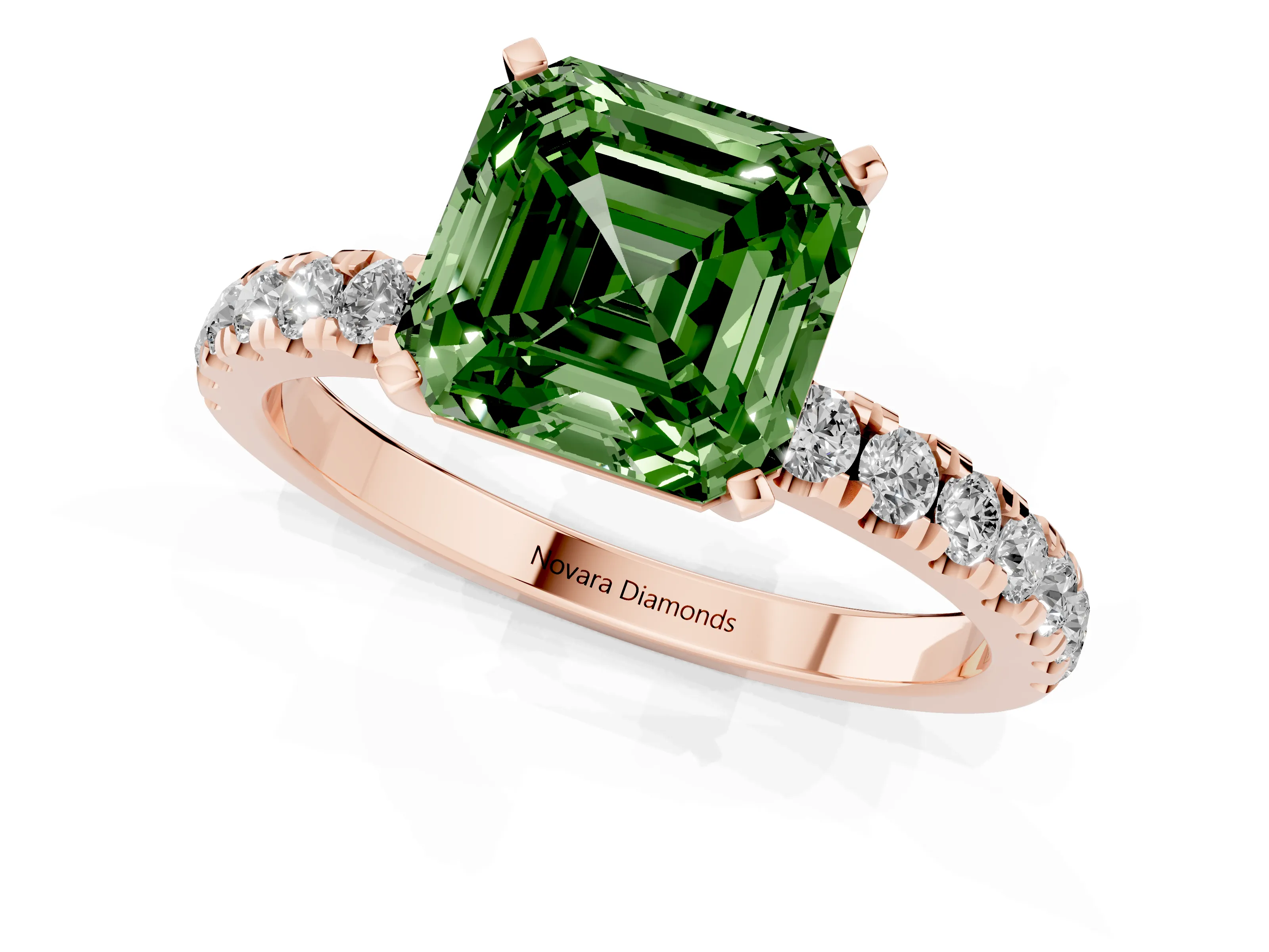 Fancy Green Asscher Cut Diamond Solitaire Ring Set in Rose gold with Pavé Accents and Prong Setting