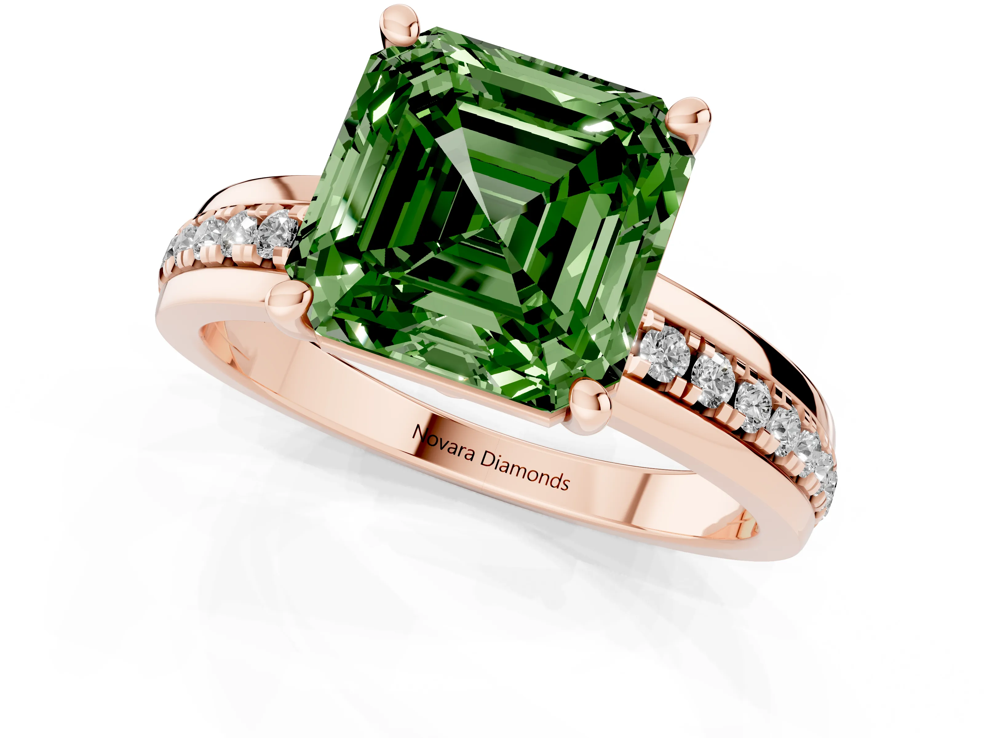 Fancy Green Asscher Cut Diamond Solitaire Ring Set in Rose gold with Channel Set Band and Prong Setting