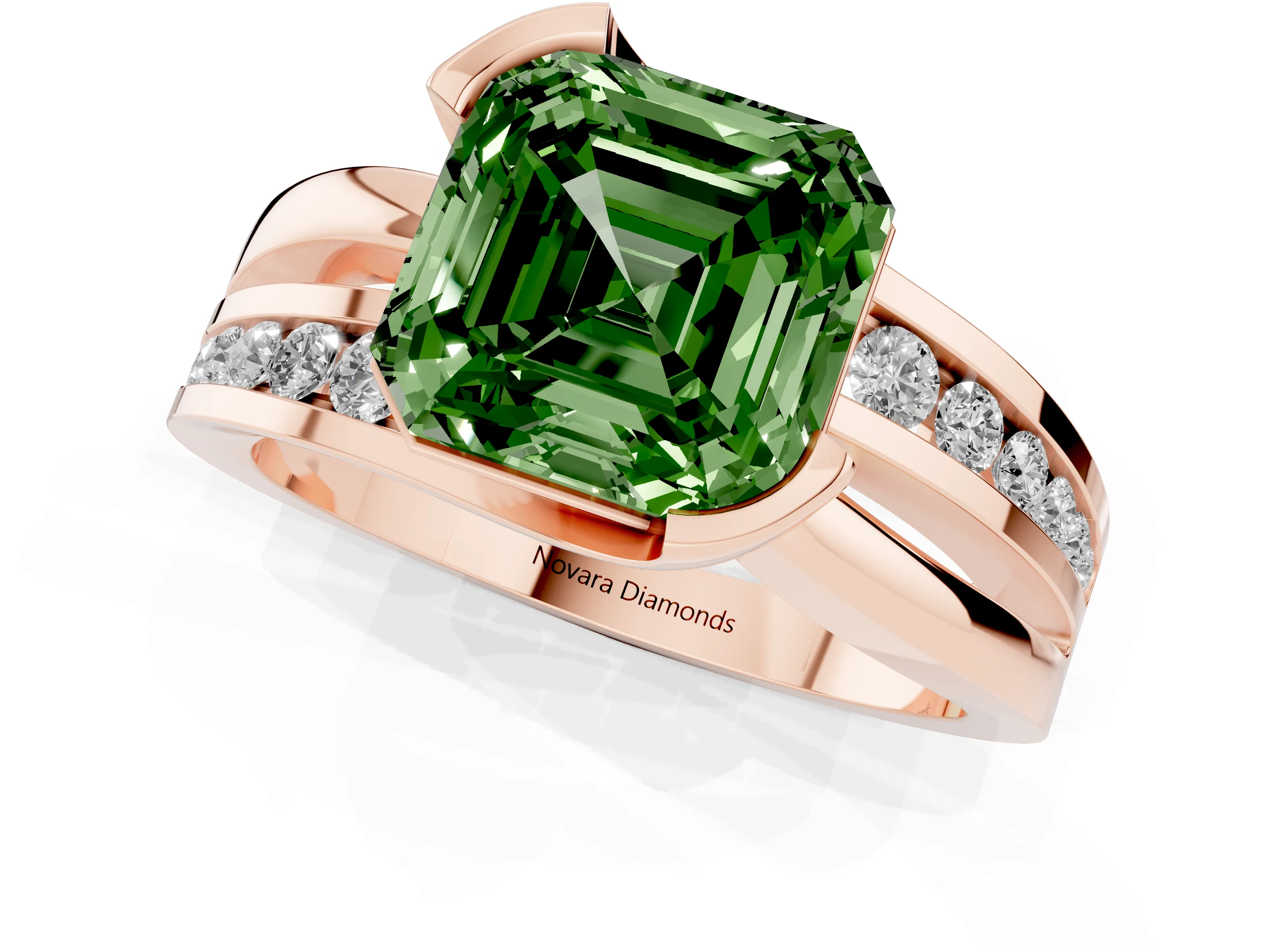 Fancy Green Asscher Cut Diamond Solitaire Ring Set in Rose gold with Channel Set Split Shank and Tension Prongs