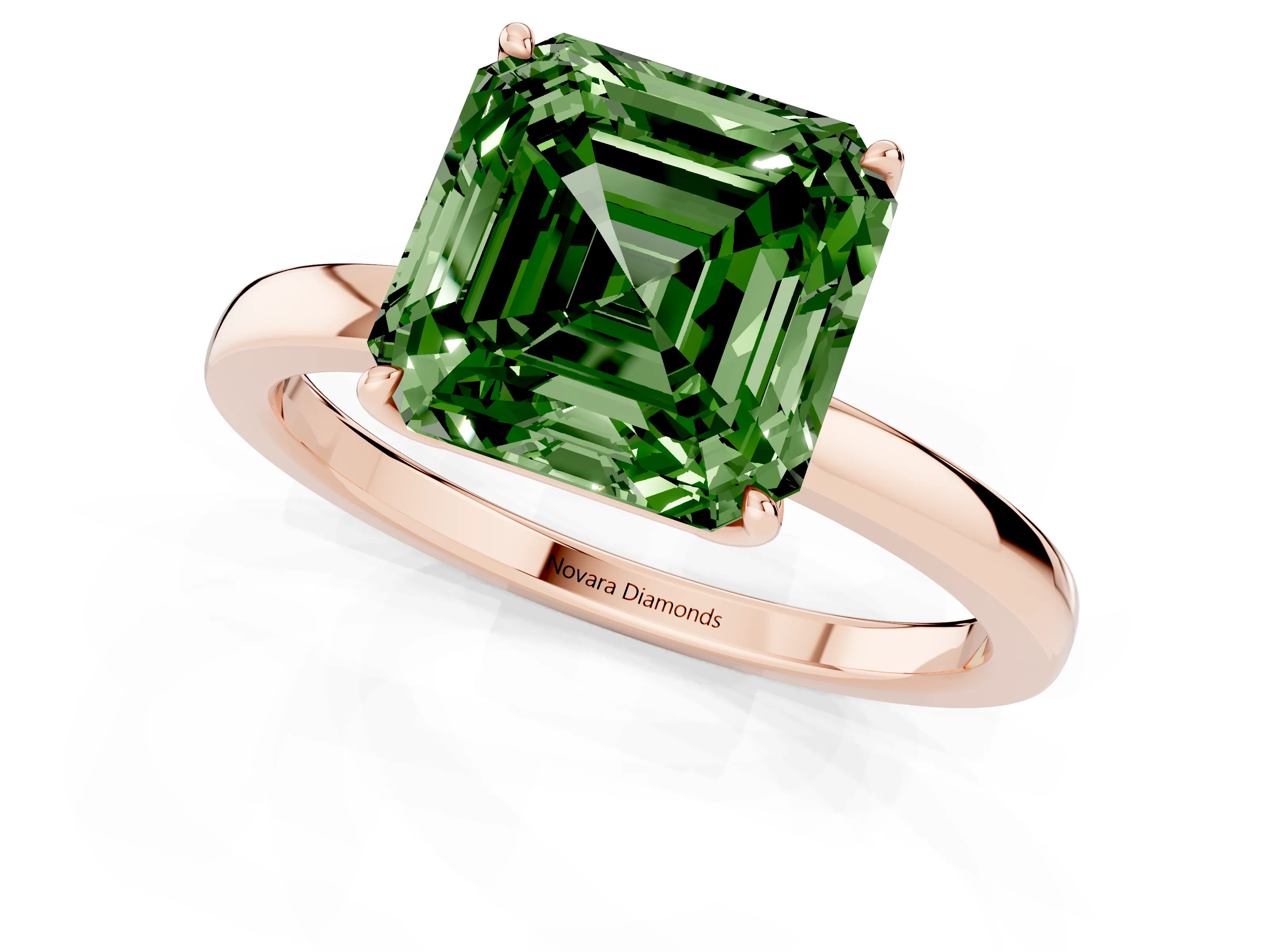 Fancy Green Asscher Cut Diamond Solitaire Ring Set in Rose gold with Prong Setting and Thin Polished Band