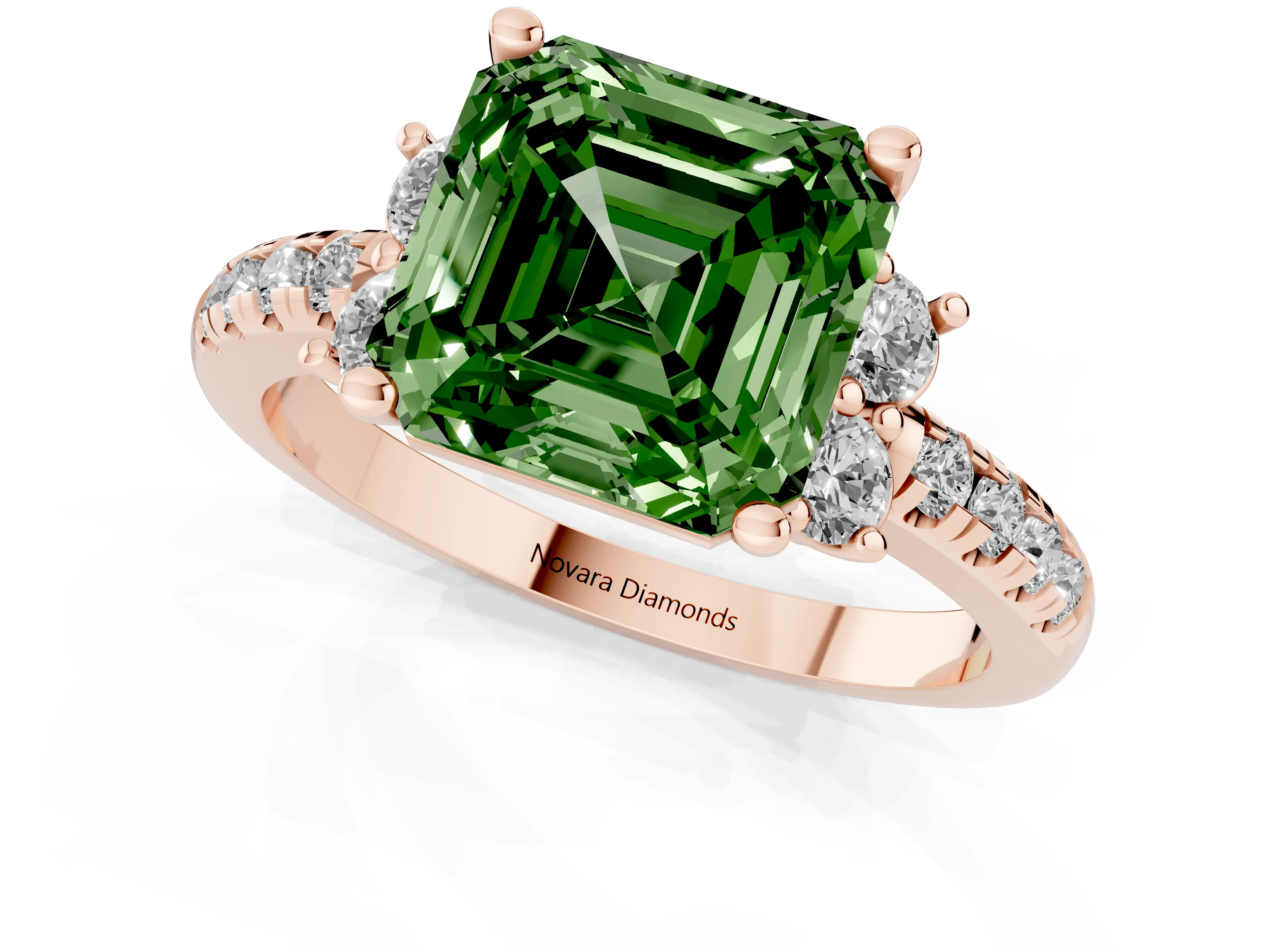 Fancy Green Asscher Cut Diamond Three-Stone Pavé Ring Set in Rose gold with Prong Setting