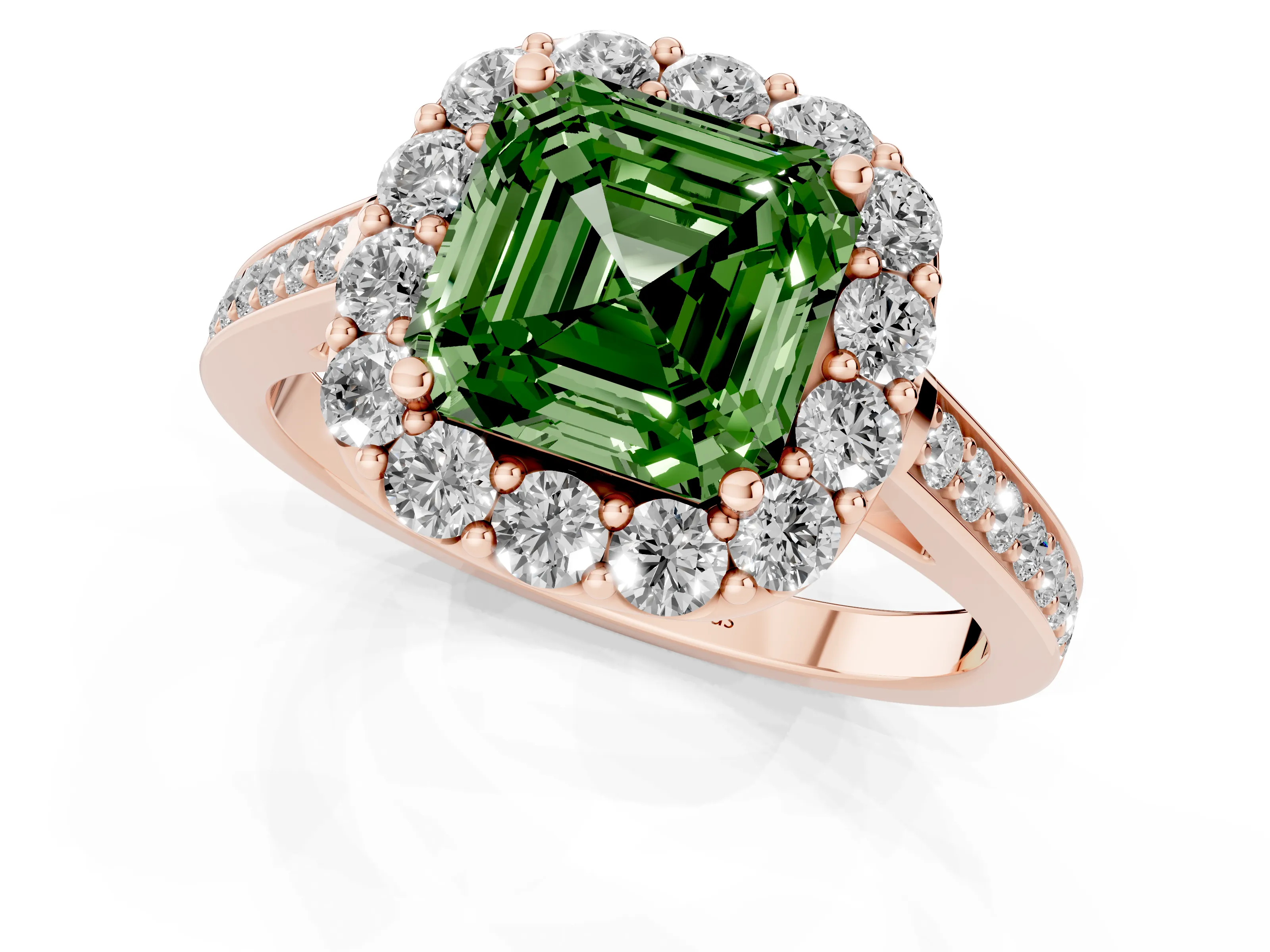 Fancy Green Asscher Cut Diamond Floral Halo Ring Set in Rose gold with Pavé Band and Prong Setting