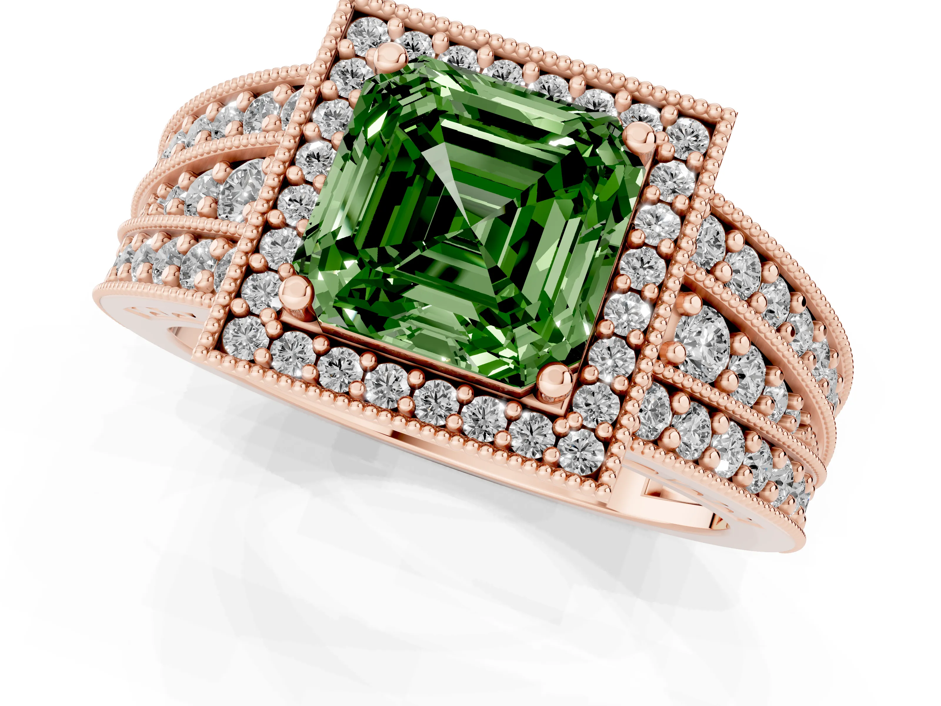 Fancy Green Asscher Cut Diamond Halo Ring Set in Rose gold with Accent Split Shank and Prong Setting
