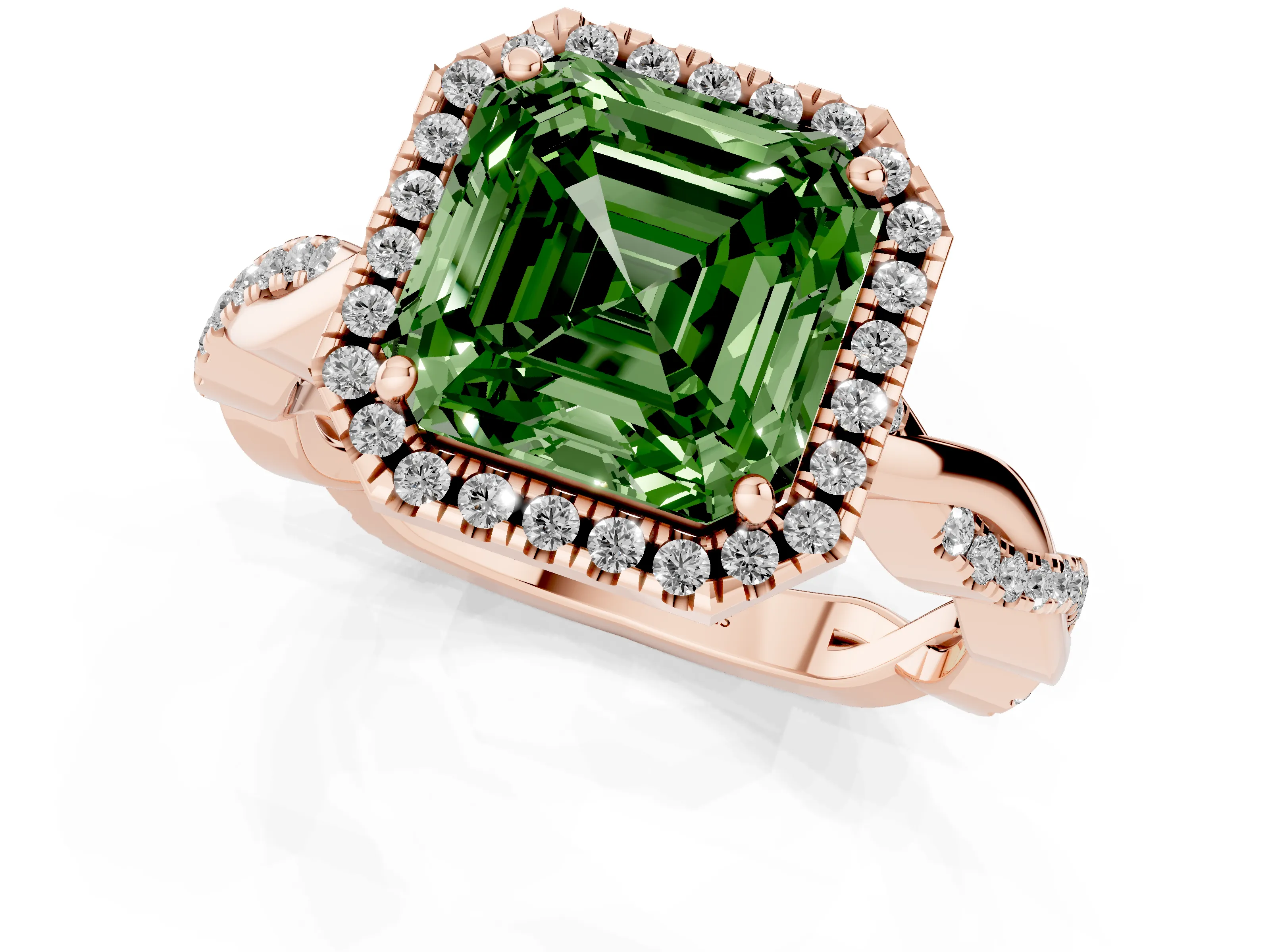 Fancy Green Asscher Cut Diamond Halo Twisted Band Ring Set in Rose gold with Prong Setting