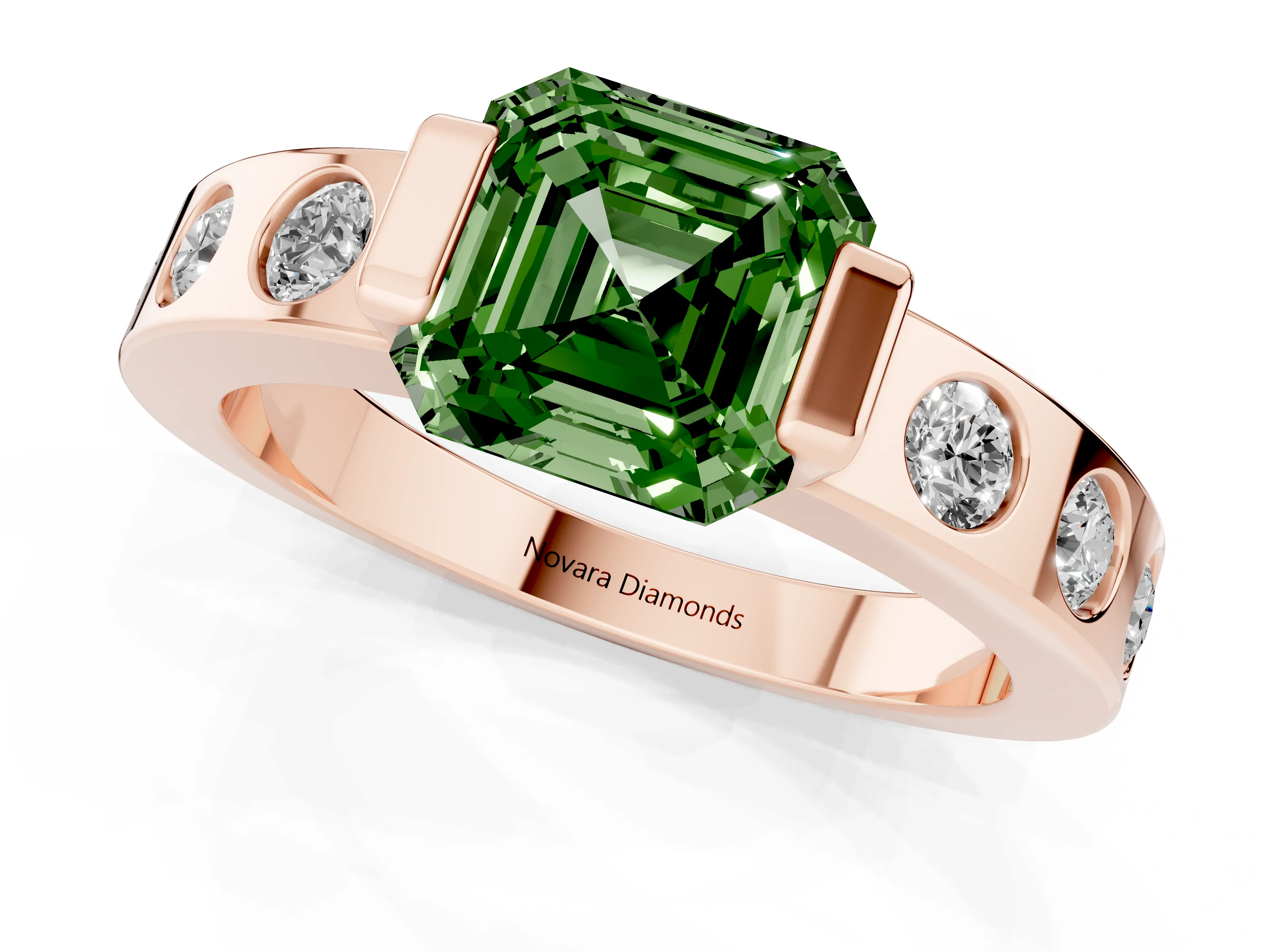 Fancy Green Asscher Cut Diamond Channel-Set Band Ring Set in Rose gold with Bezel Prong Setting